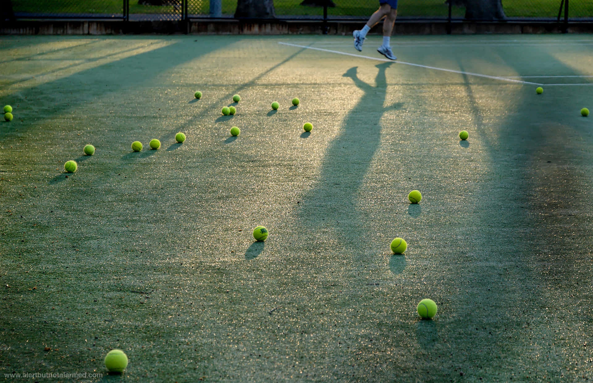 Enperfekt Vit Tennisboll Studsar På En Grön Tennisbana. Wallpaper