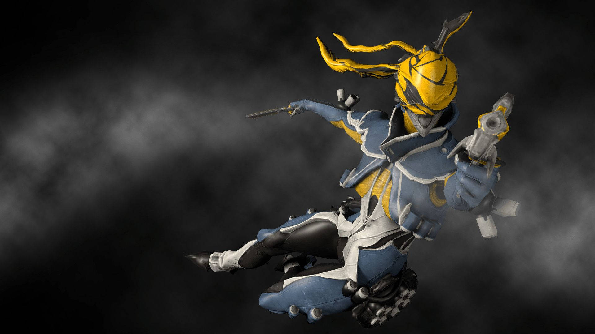 Tenno ancient soldier with yellow helmet and bluish grey armor in Warframe wallpaper.