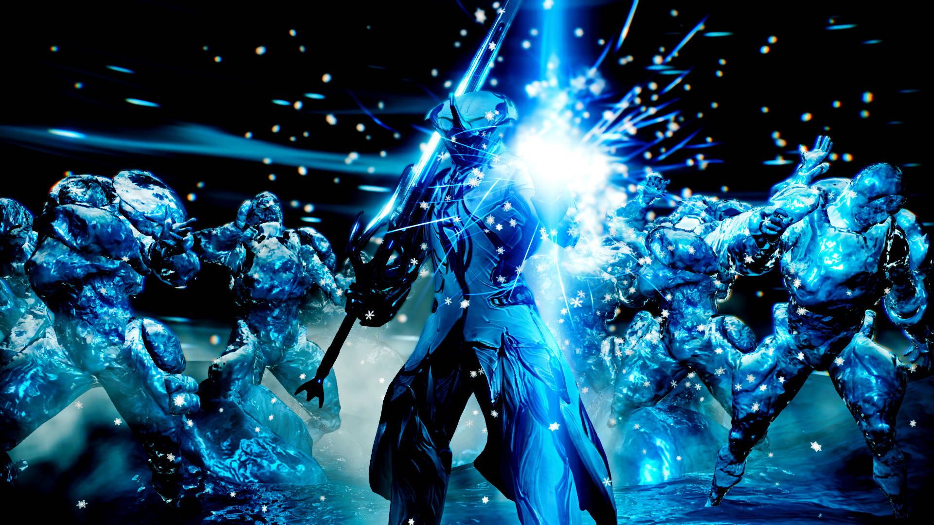 Warframe Tenno ancient soldier with huge sword and blue powers wallpaper.
