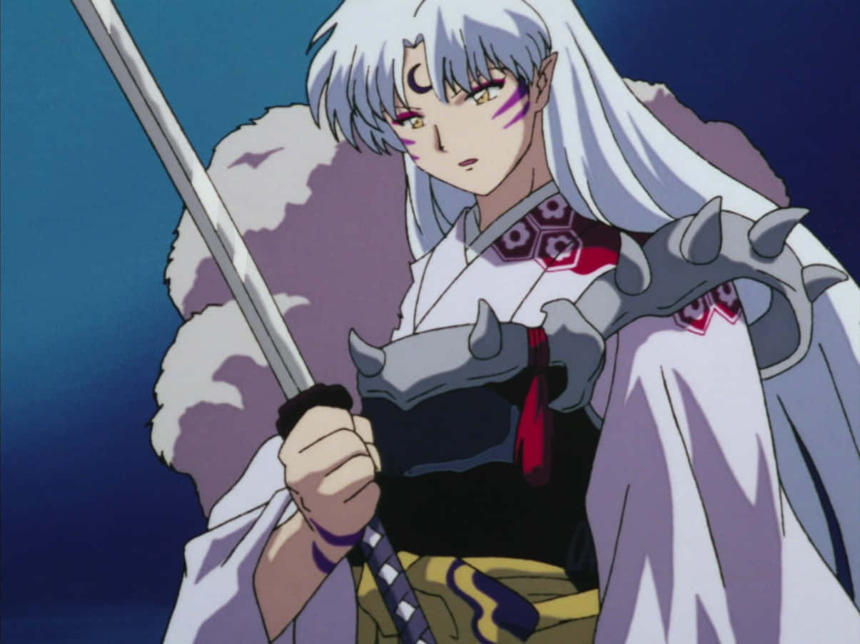 Sesshomaru wielding Tenseiga, surrounded by a magical blue aura. Wallpaper