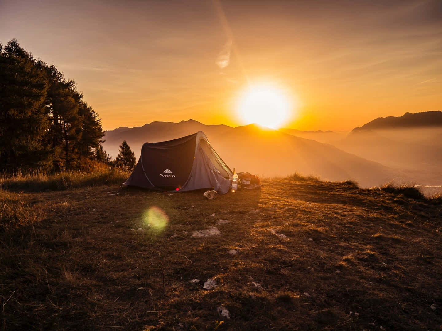 Tent Mountain Sunset View Wallpaper