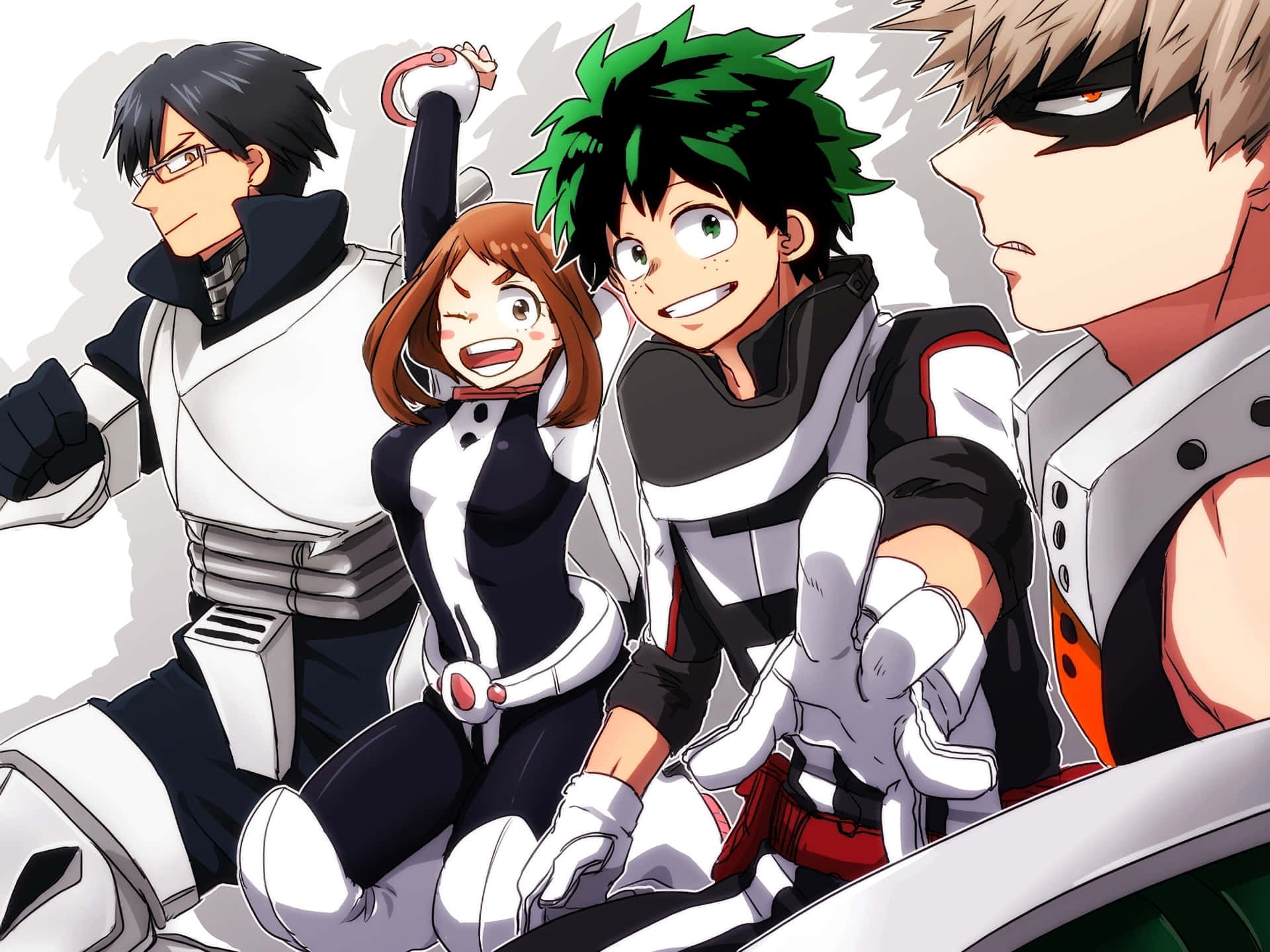 Et gruppe anime personager med deres arme udstrakte i fejring. Wallpaper