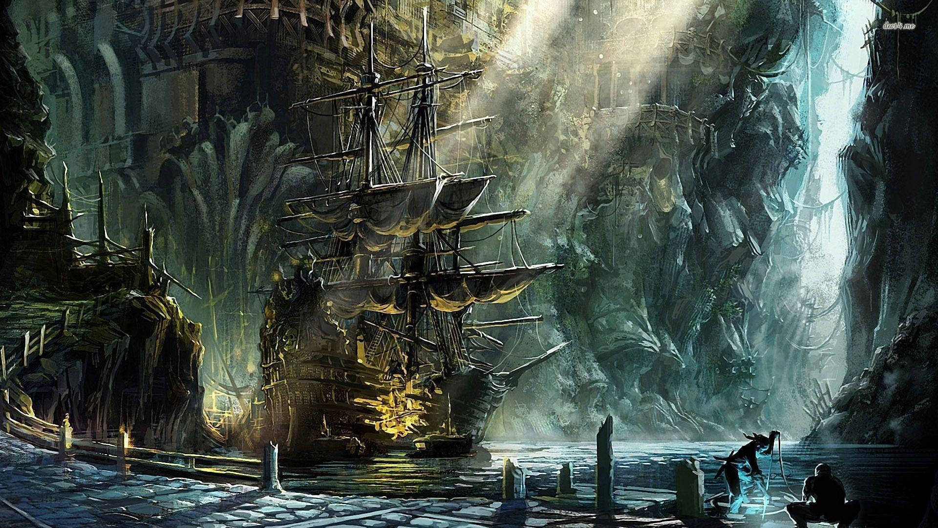 Tera Pirate Ship In Harbor Background