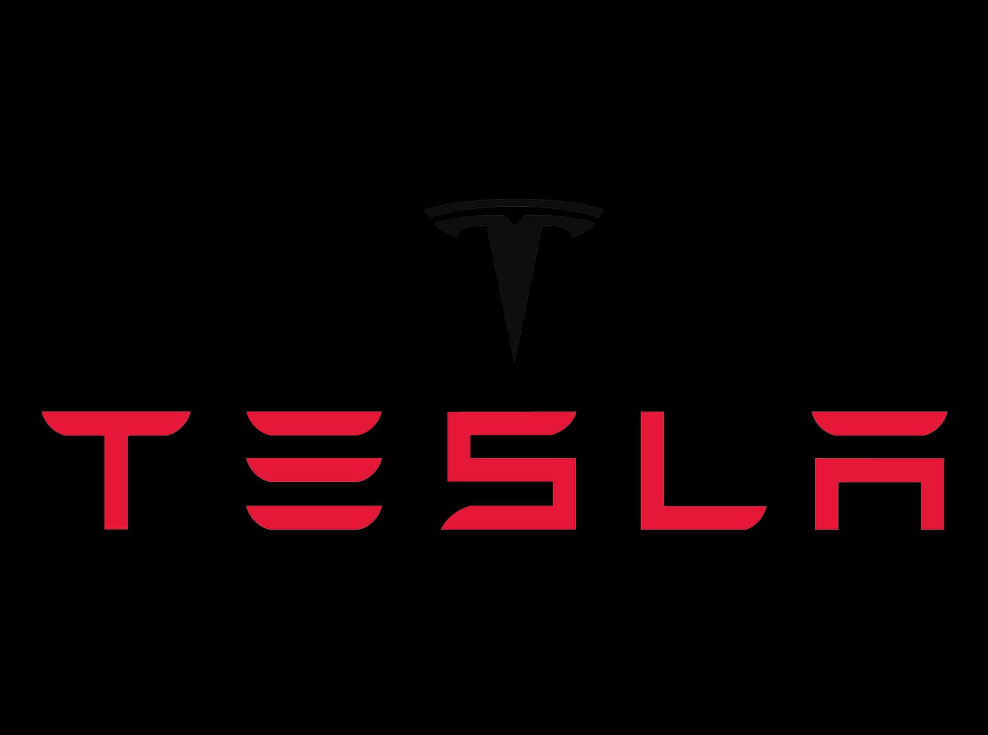 Rød og sølv Tesla-logo der står ud mod en sort baggrund. Wallpaper