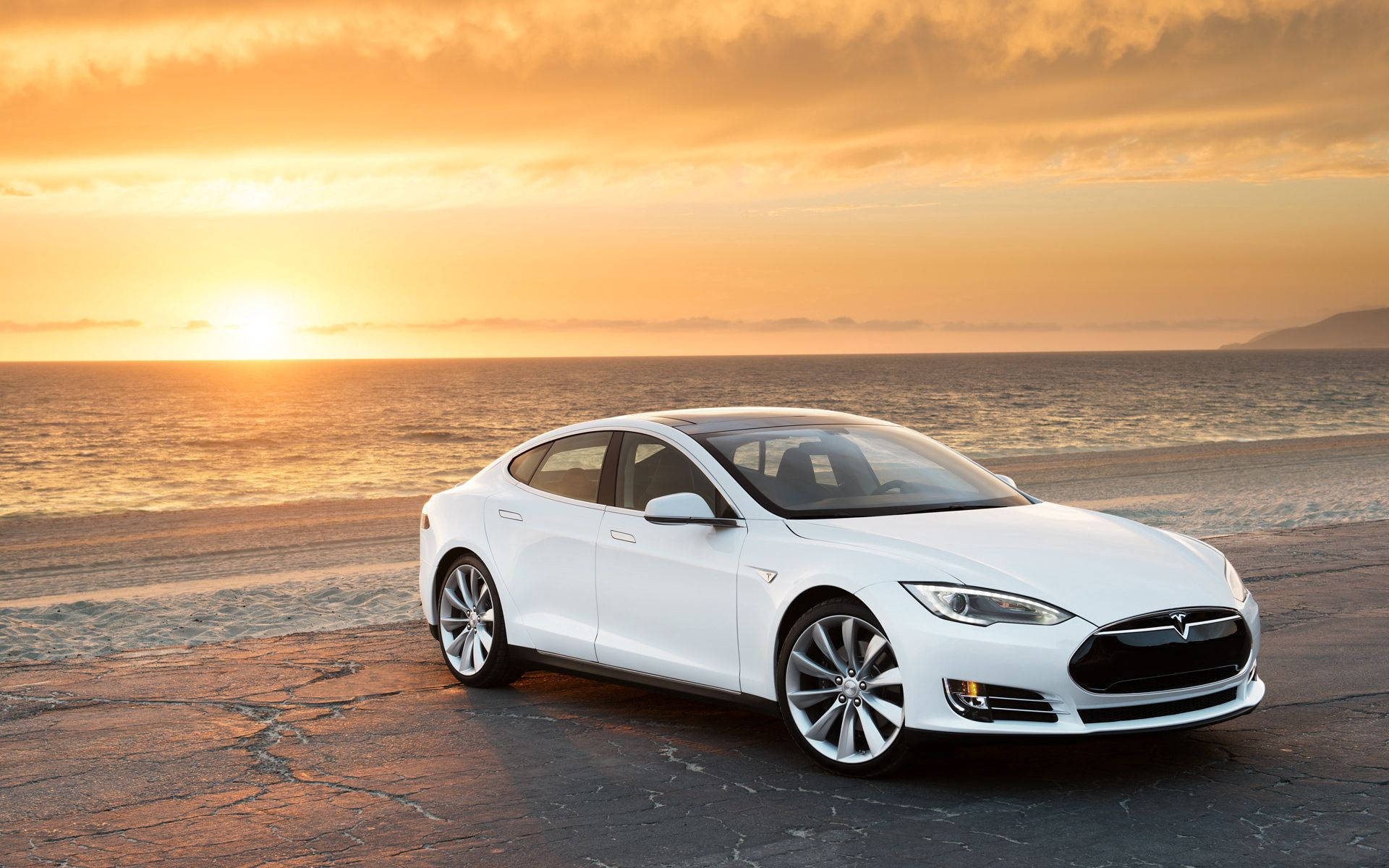 Tesla Model S Sunset Ocean Wallpaper
