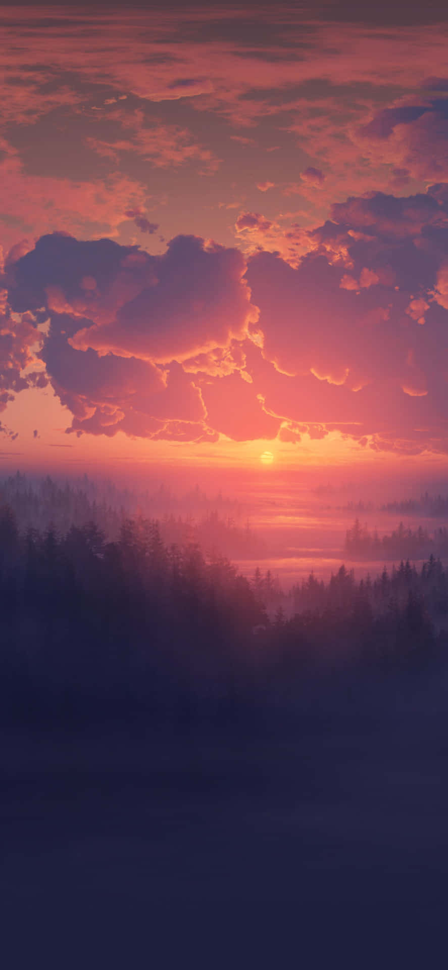 a sunset over a valley with trees and clouds Wallpaper
