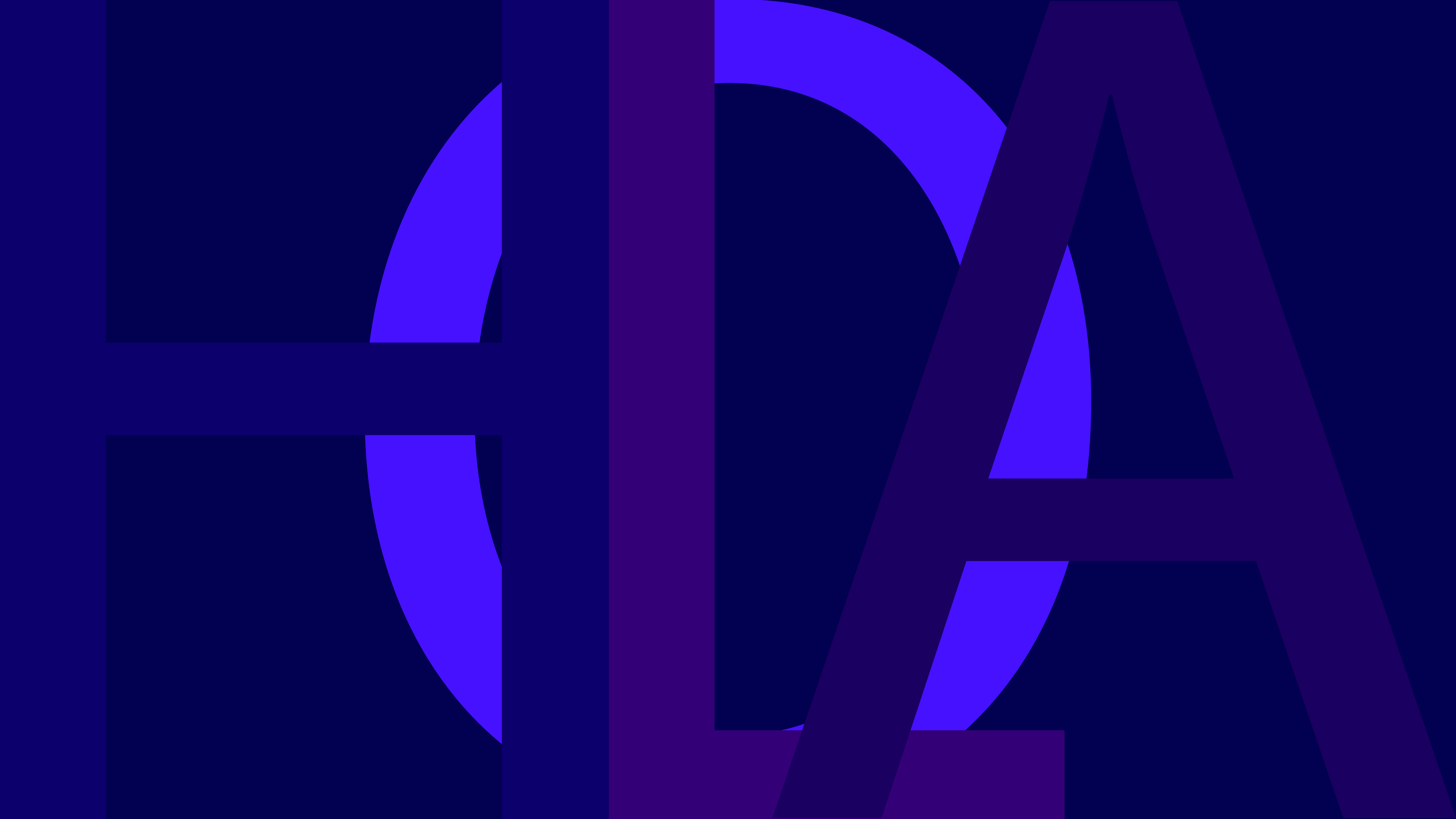 "EsserePresente" Sfondi — Audaci lettere geometriche HDA in gradienti viola a strati su uno sfondo blu scuro.