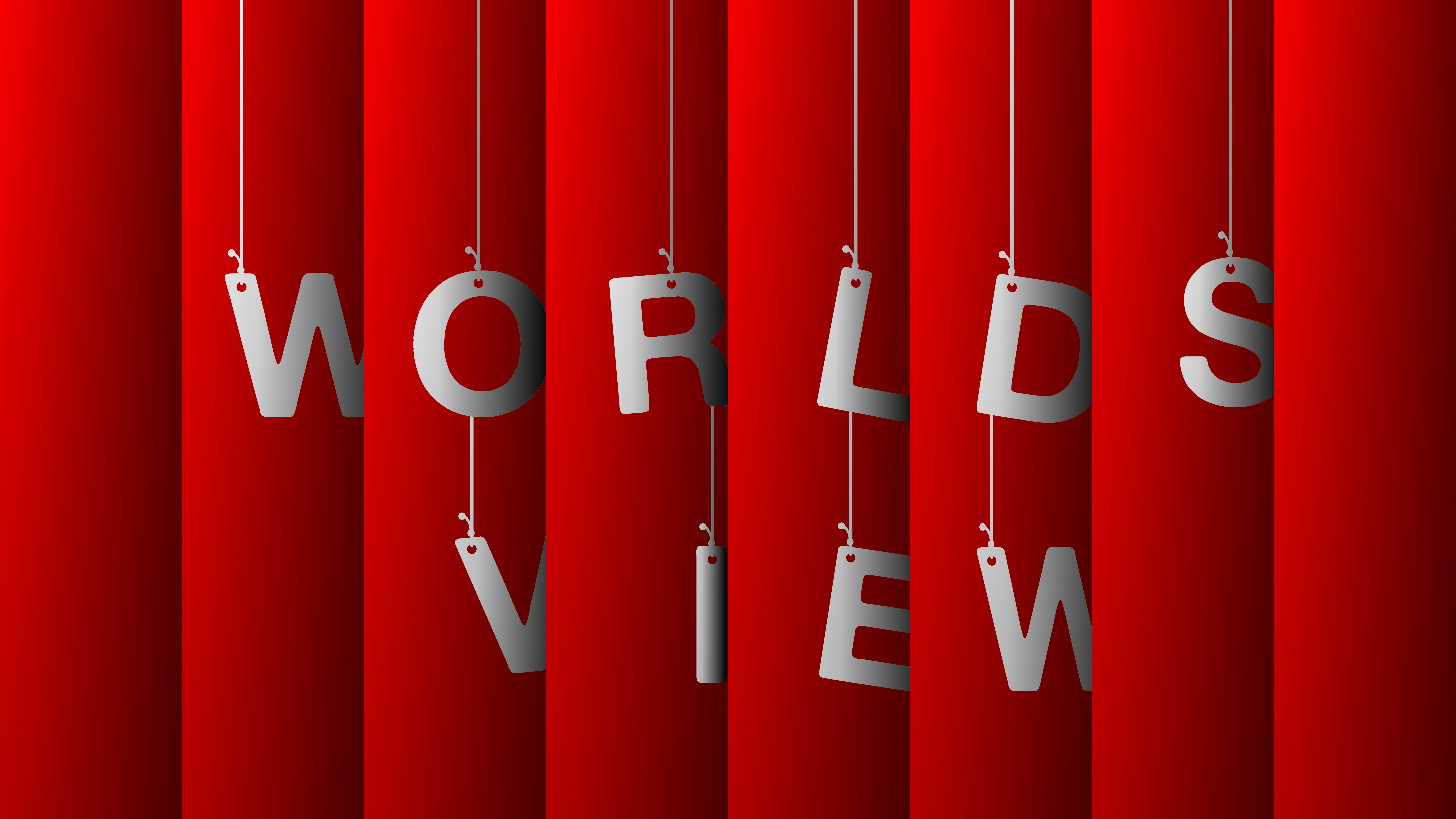 Street Art - Cars Background — Silver letters spelling 'WORLDVIEW' hang by strings against a bold red striped background.