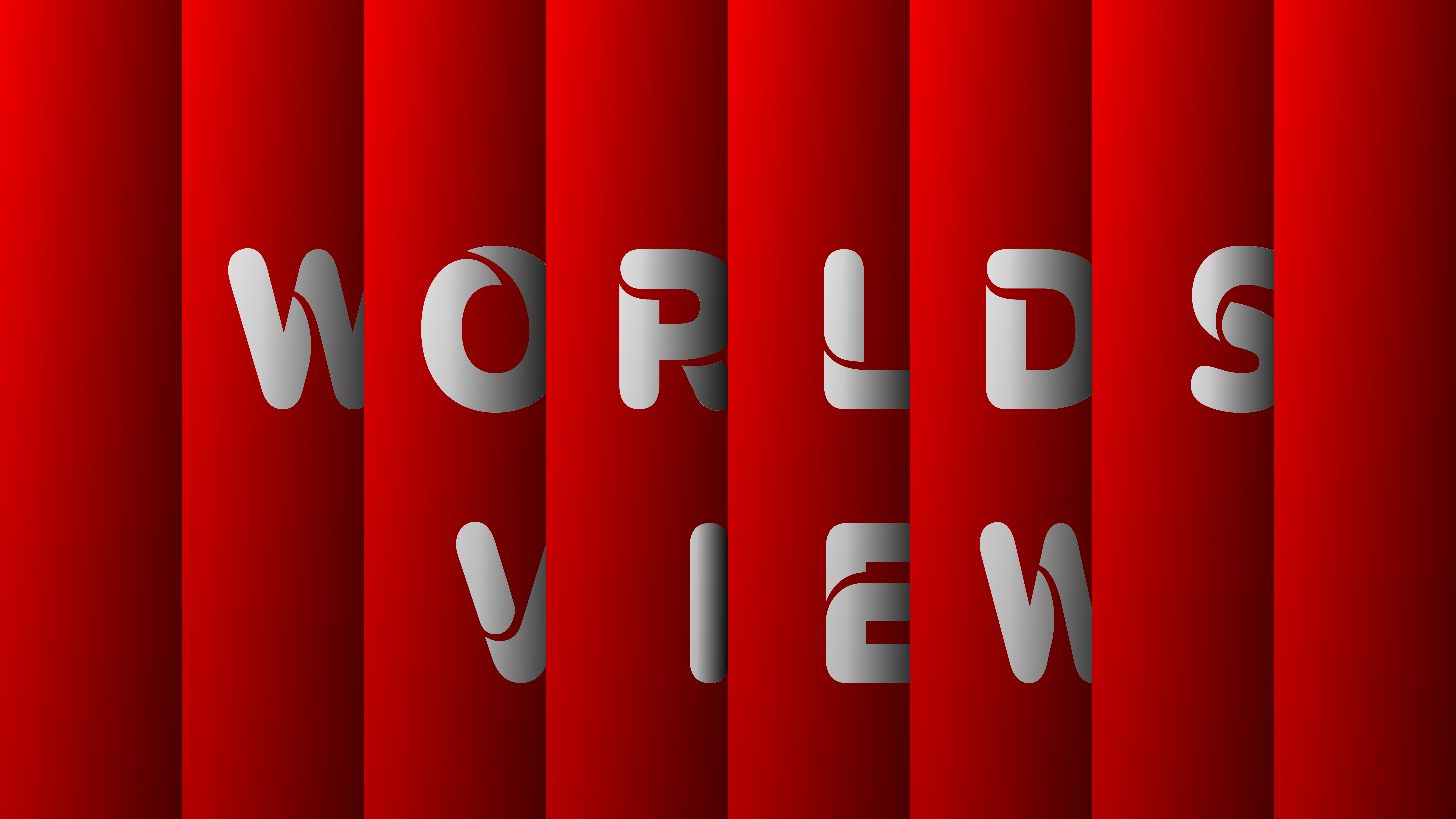 world's view - screenshot Background — Bold silver letters spelling worlds view emerge through vertical red stripes in a minimalist digital composition.