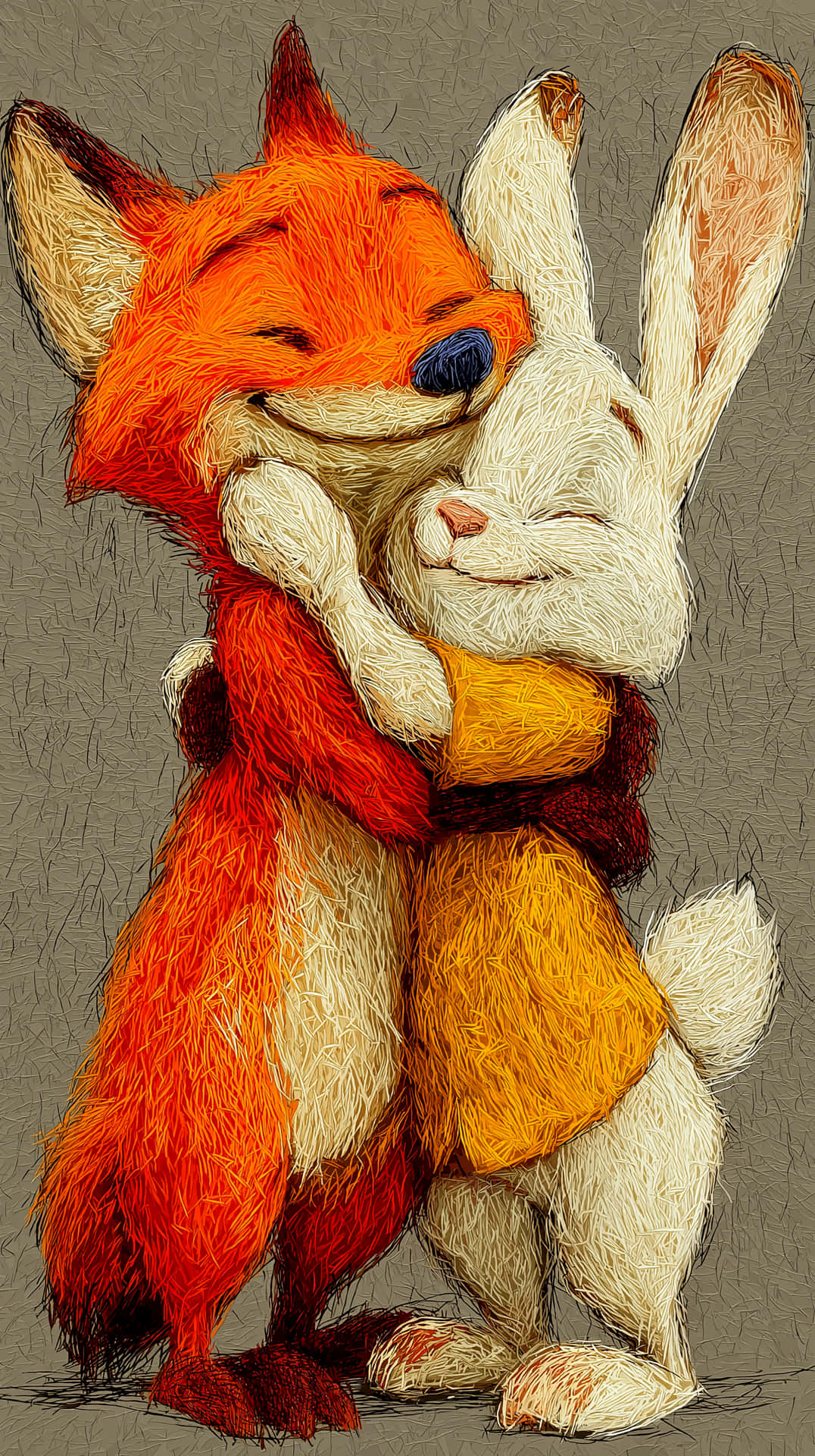 Textured Portrait Of Fox And Bunny Sharing A Warm Hug Wallpaper