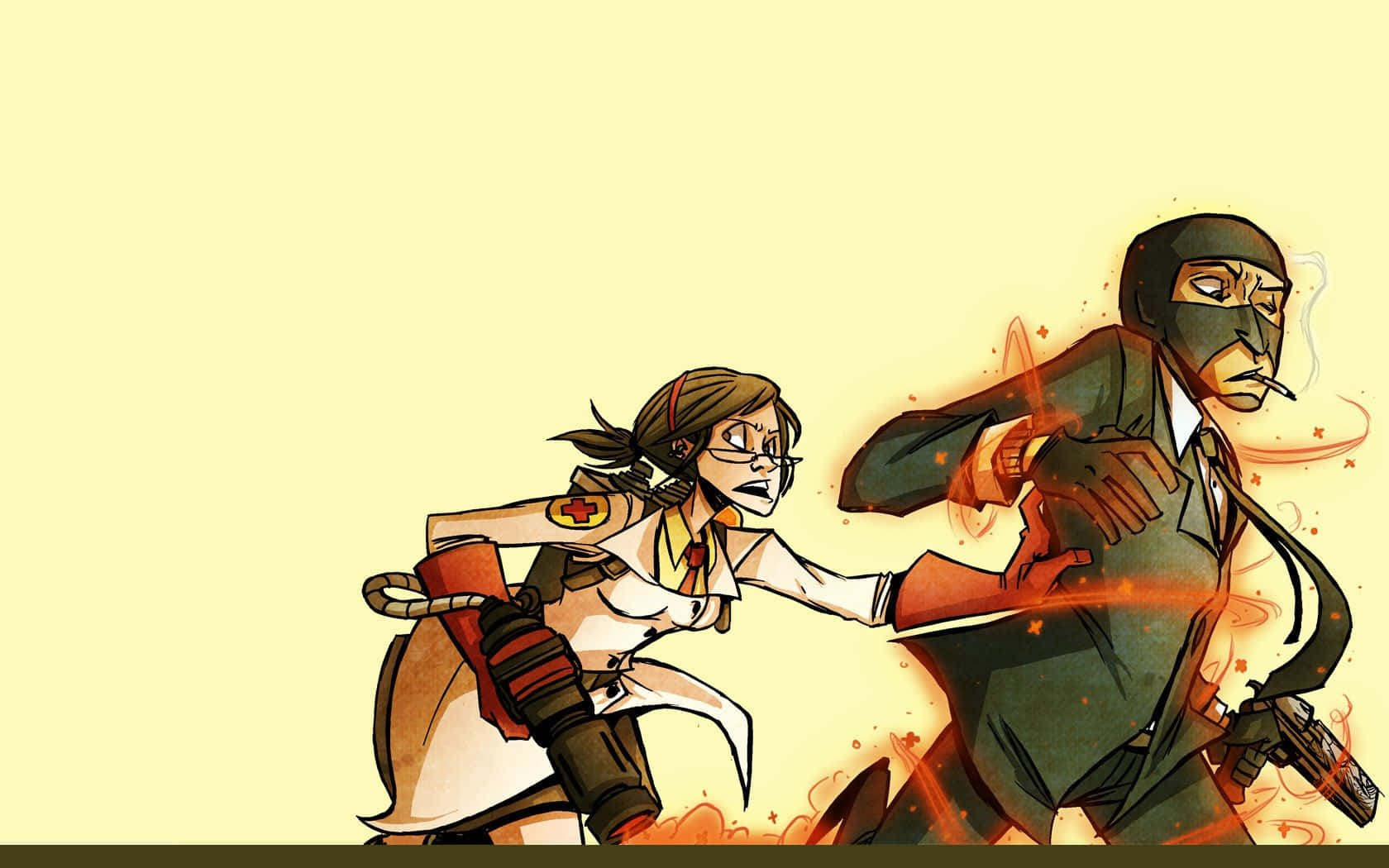 Et tegneseriebillede af to personer, der kæmper i ilden. Wallpaper