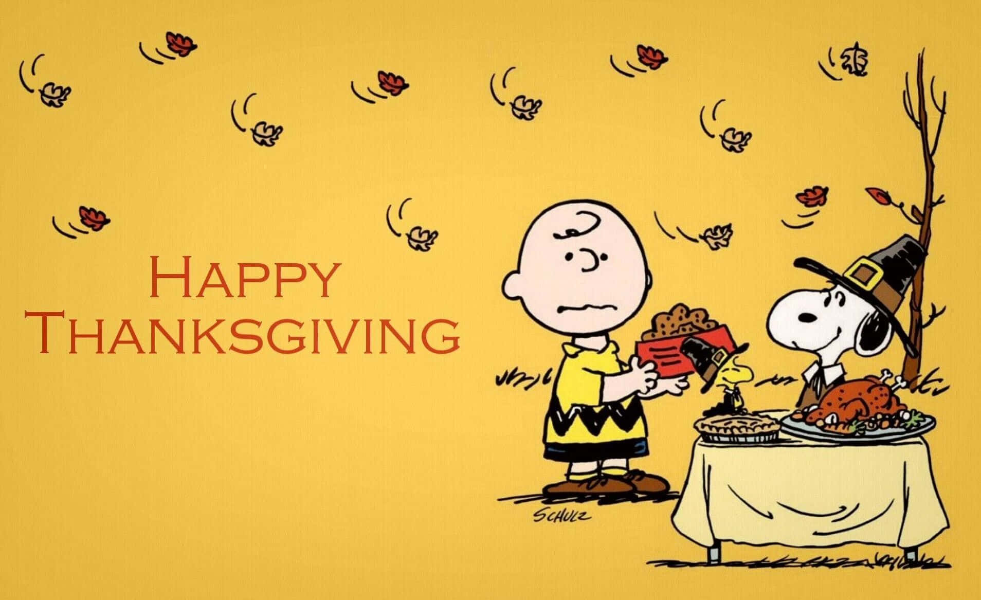 Charlie Brown And Peanuts Are Sitting At A Table With Thanksgiving