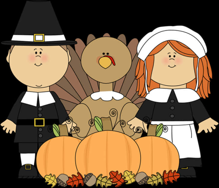 Thanksgiving Pilgrimsand Turkey Cartoon PNG