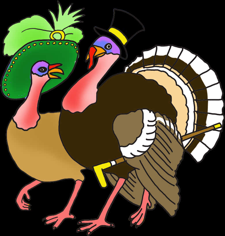 Thanksgiving Turkeysin Hats Cartoon PNG