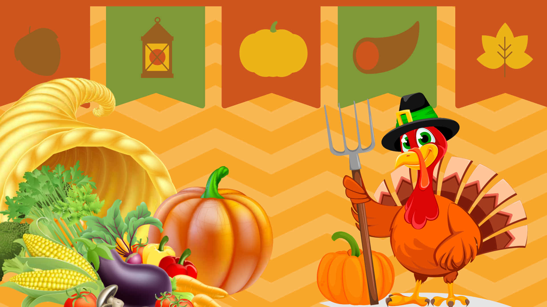 Cartoon Tyrkiet med grøntsager til Thanksgiving Zoom baggrund