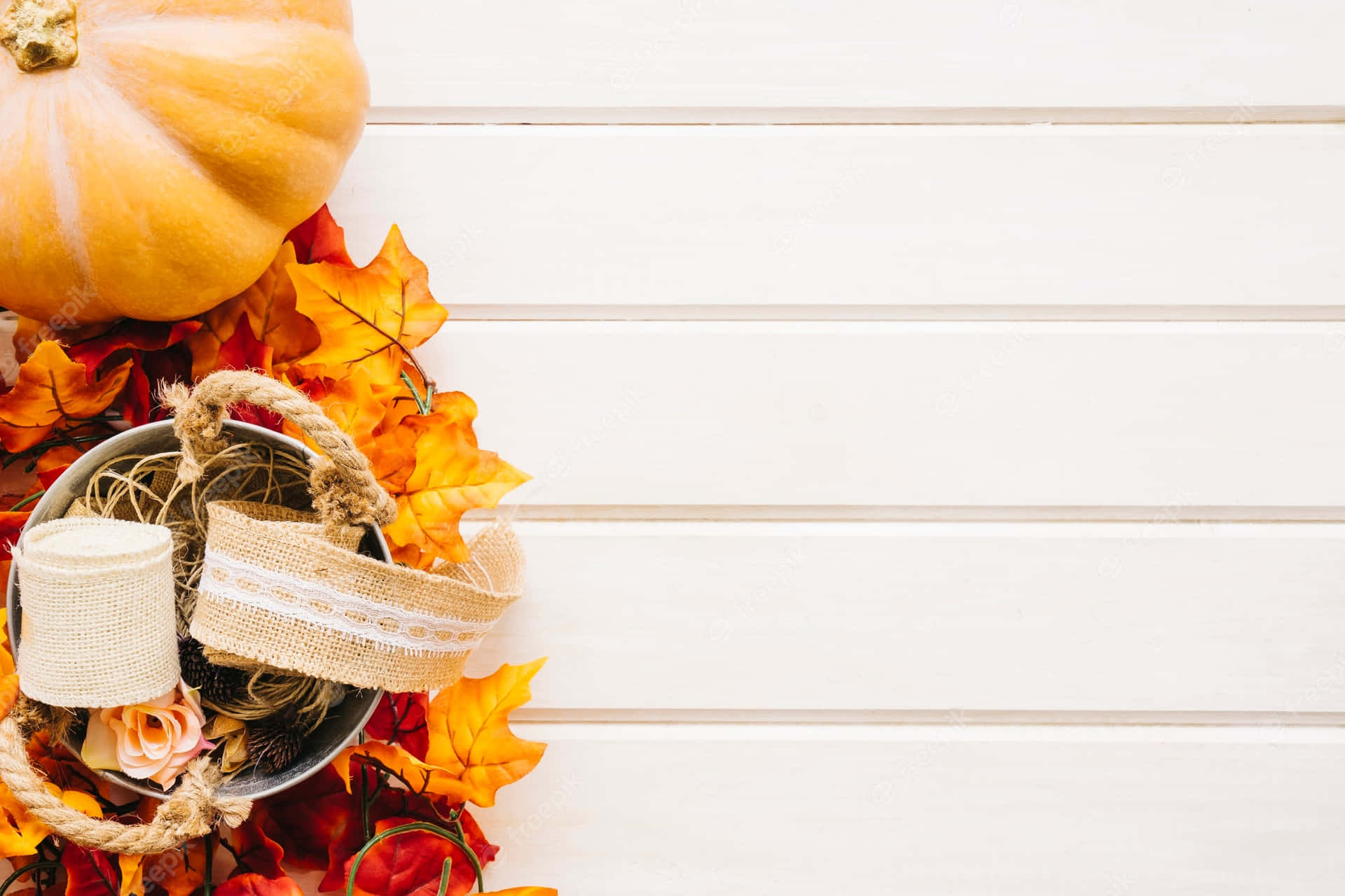 Thanksgivingzoom-hintergrund Kürbis Mit Getrockneten Blättern