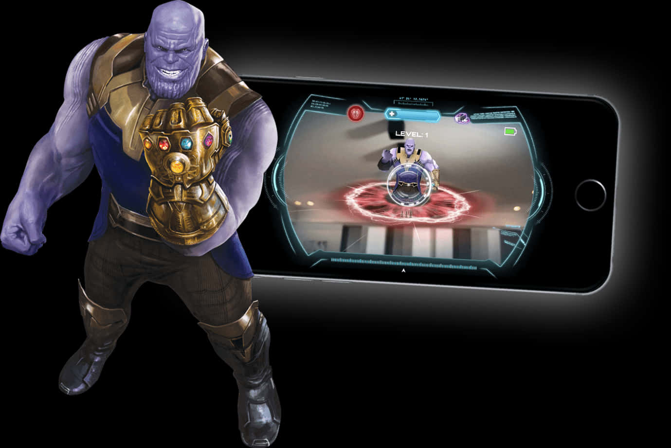 Thanos_with_ Infinity_ Gauntlet_and_ Smartphone_ Game PNG