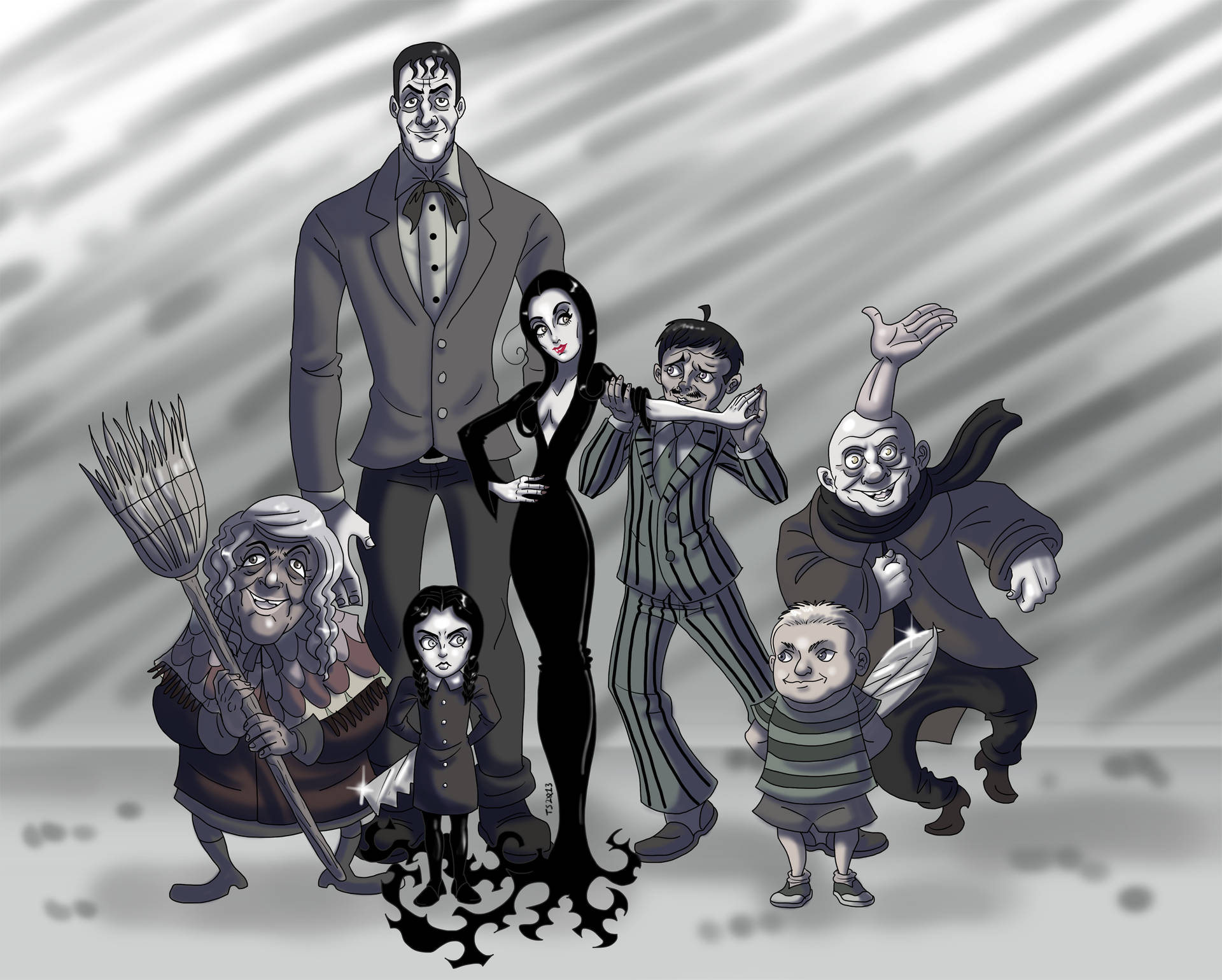 The Addams Family Greyscale Illustration Background