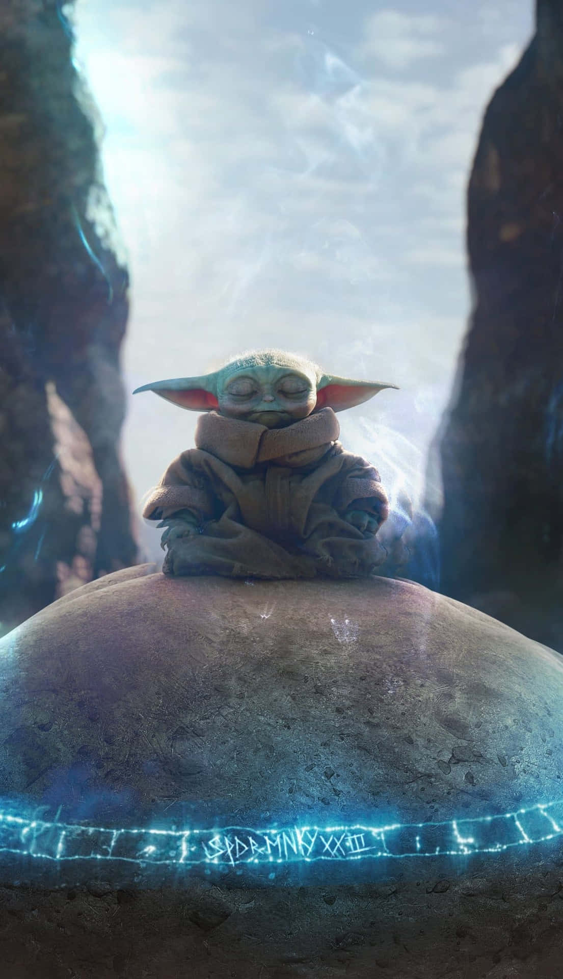 The Adorable Baby Yoda Captivates With His Innocent Eyes Against A Mystical Space Backdrop.