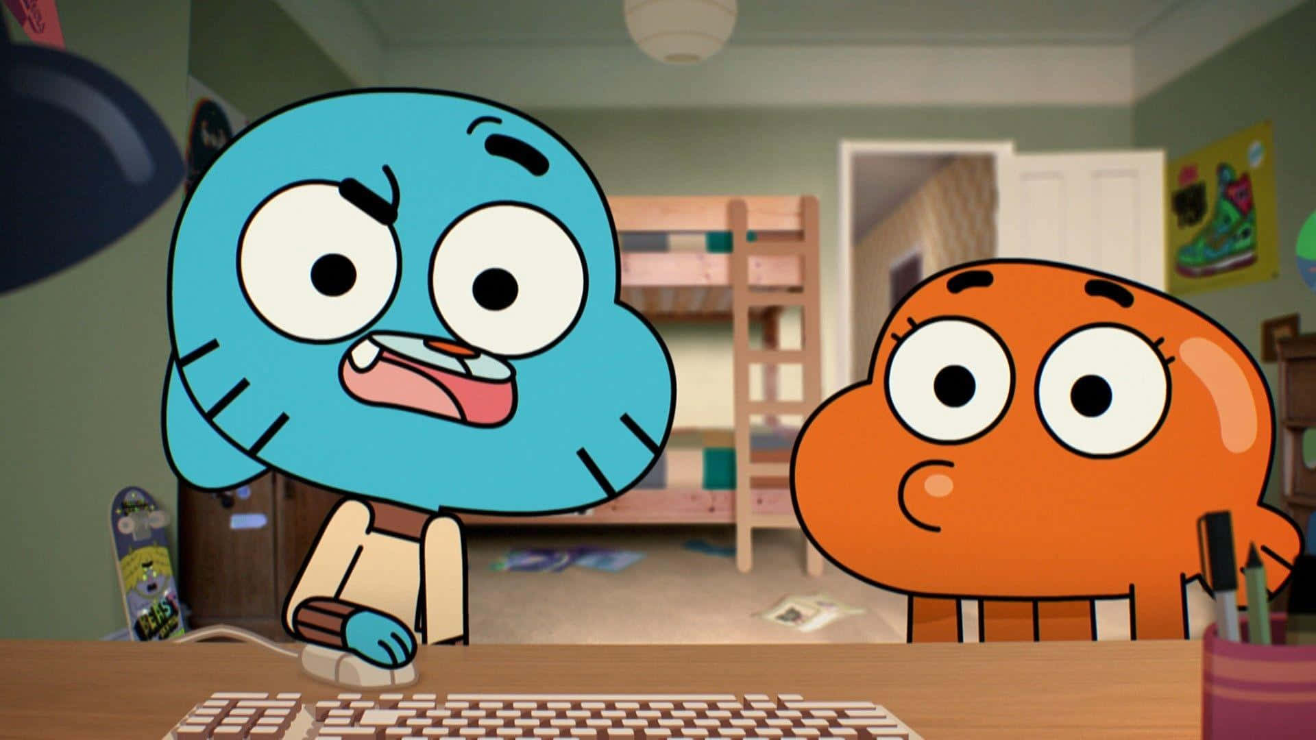 Gumball, Darwin, and Anais in the vibrant world of Elmore Wallpaper
