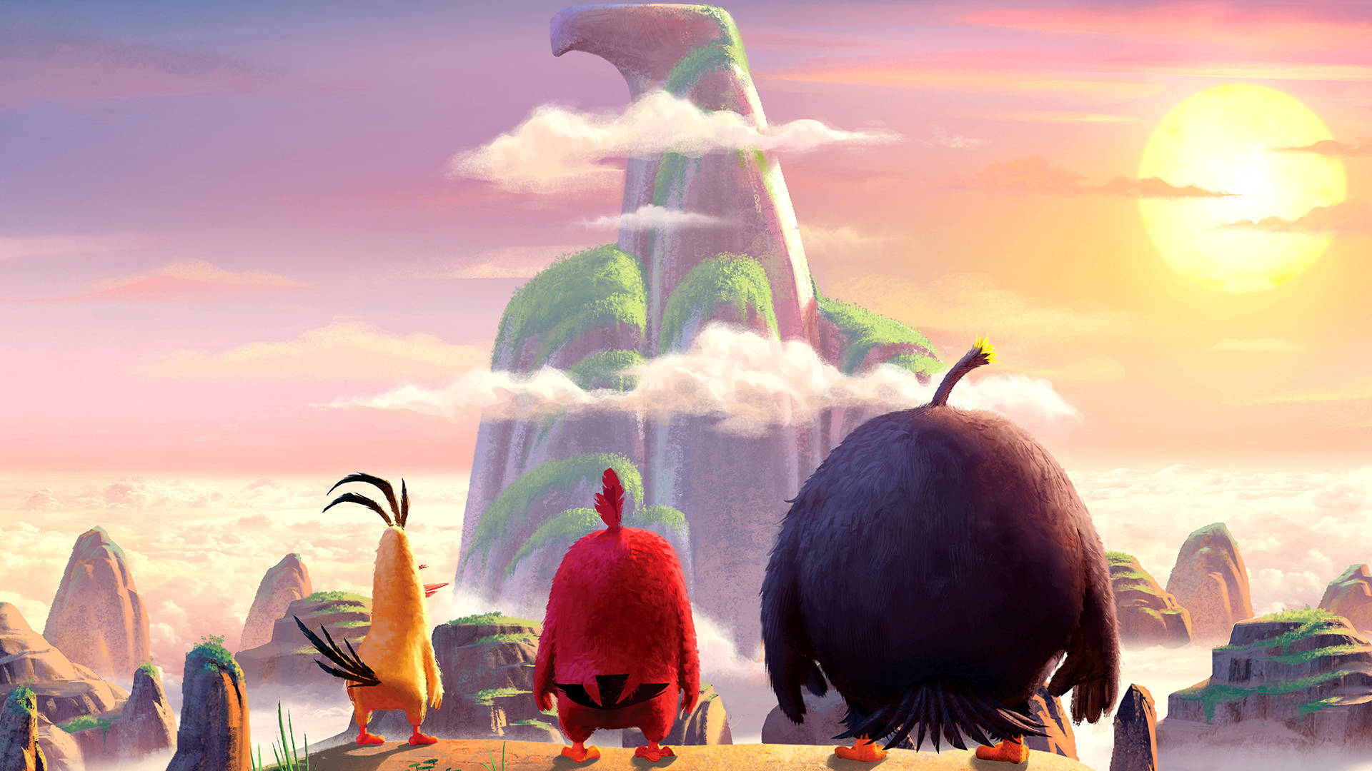 The Angry Birds Movie Characters Facing Eagle Statue Wallpaper