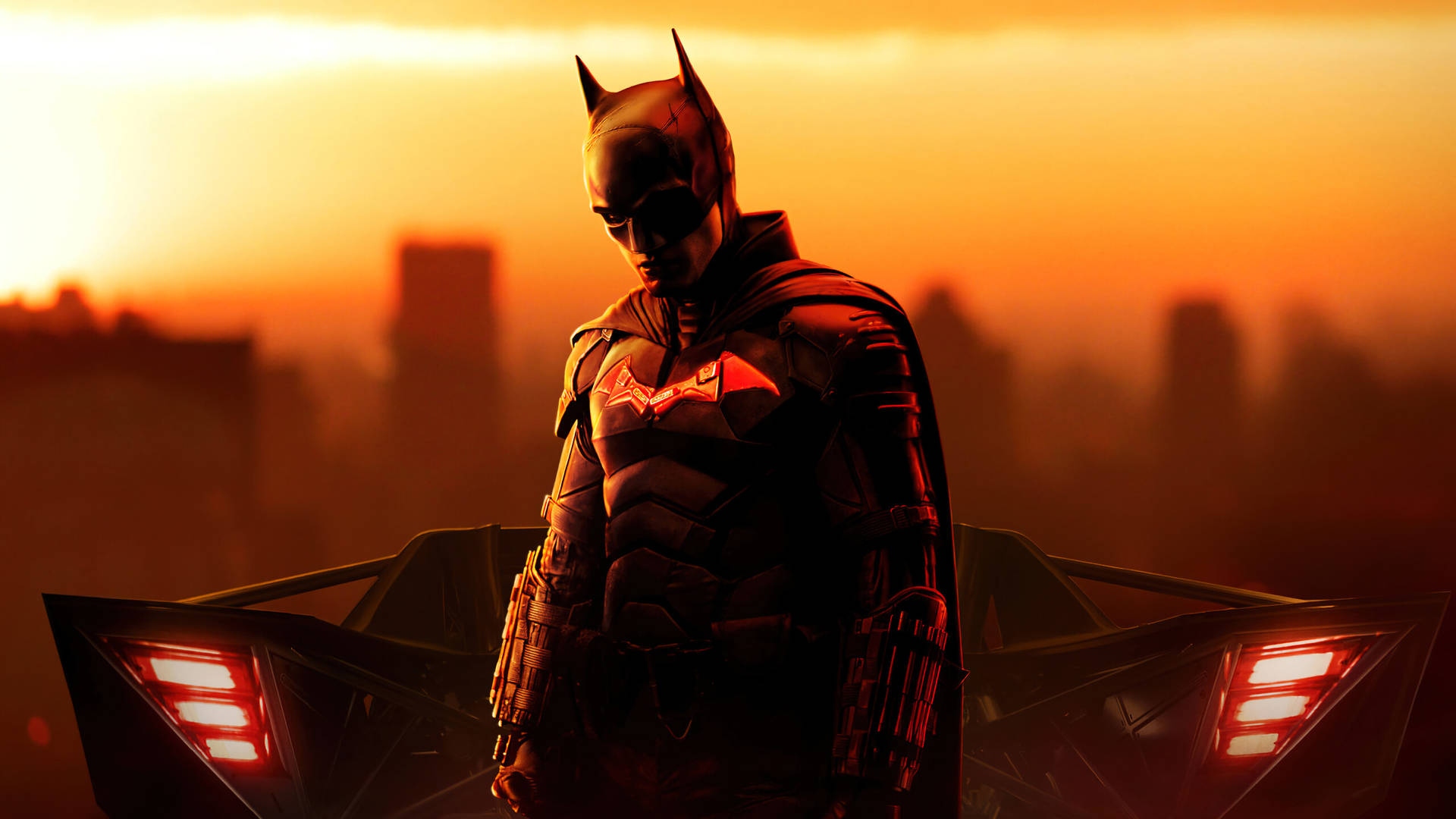 Den Batman og Batmobile tapet har et fremtrædende, høj kontrast billede. Wallpaper
