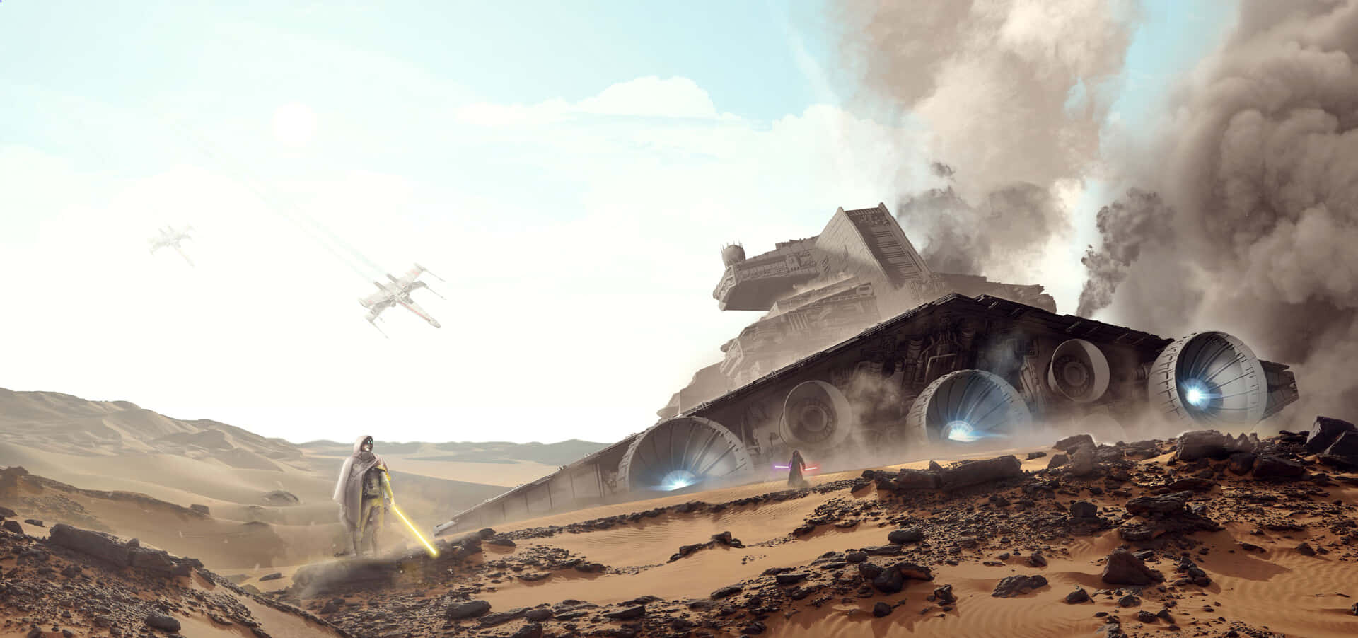 Intense Space Battle Between the Resistance and the First Order on Jakku Wallpaper