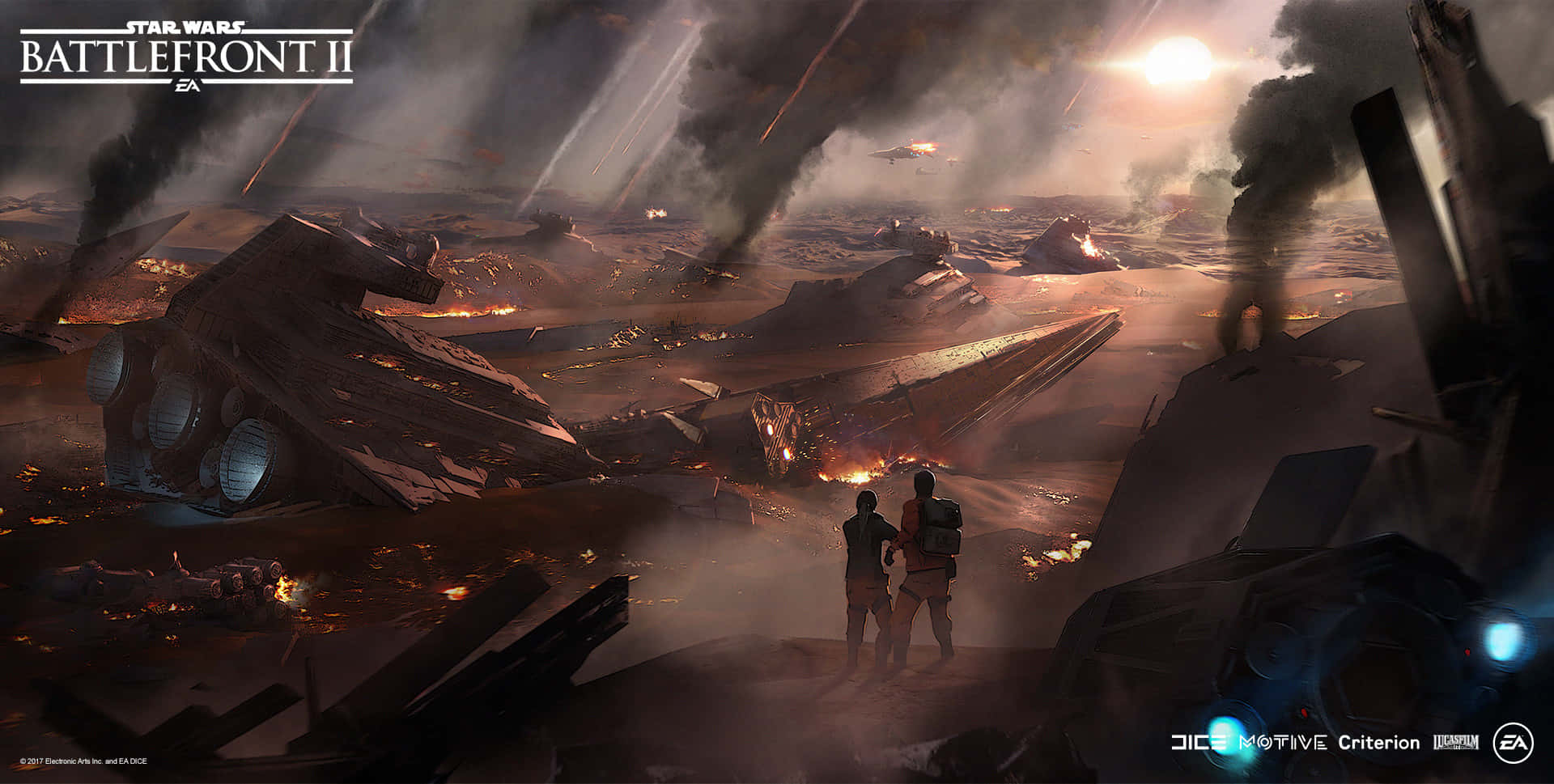 A Stormtrooper stands atop a wreckage of a fighter plane during The Battle Of Jakku. Wallpaper