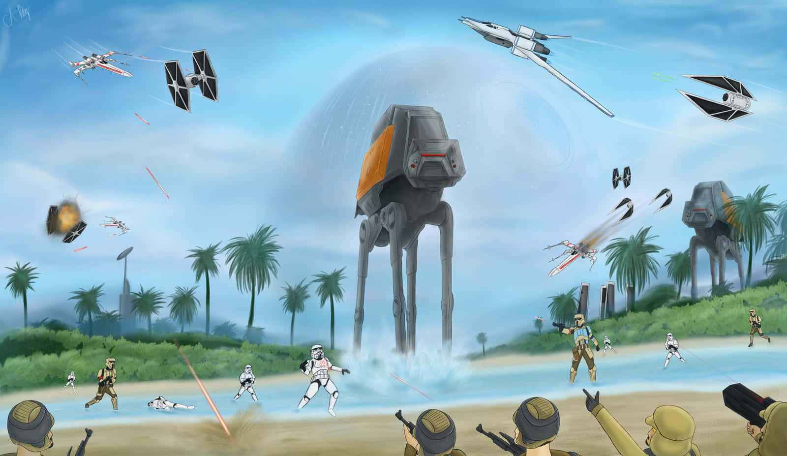 Imperial Versus Rebel Forces clash at the Battle of Scarif Wallpaper