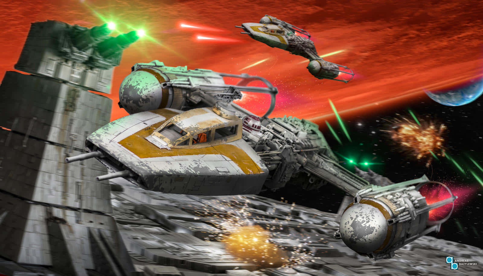 The iconic Battle of Yavin depicted in the Star Wars universe Wallpaper