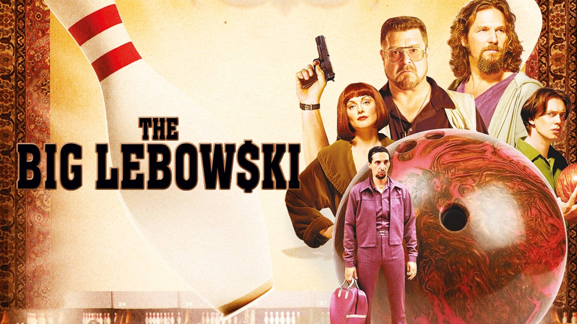 Iconic movie poster of The Big Lebowski featuring main characters. Wallpaper