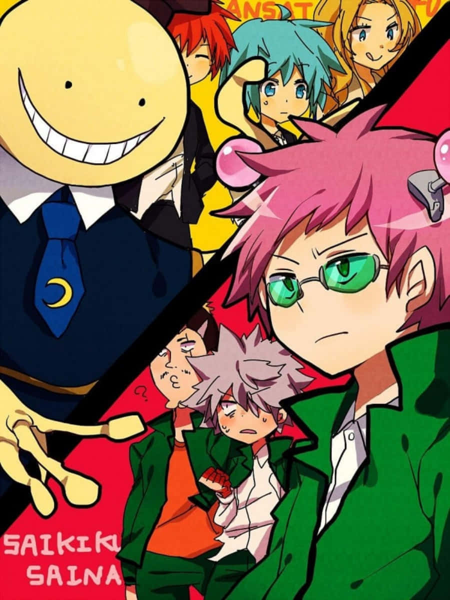 En gruppe anime-karakterer med grønt hår og briller. Wallpaper