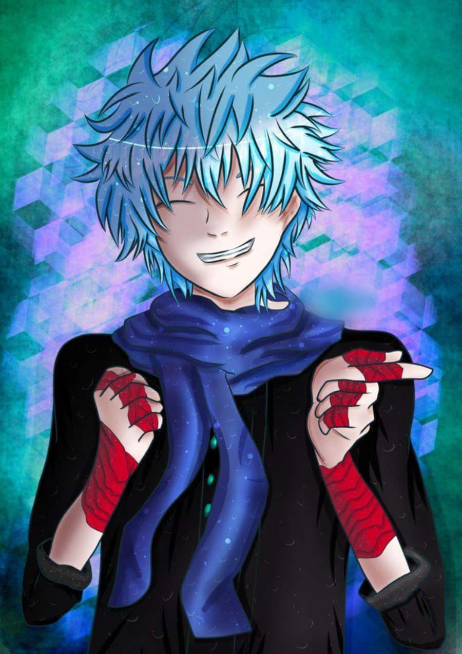 En blåhåret anime karakter med blåt tørklæde Wallpaper