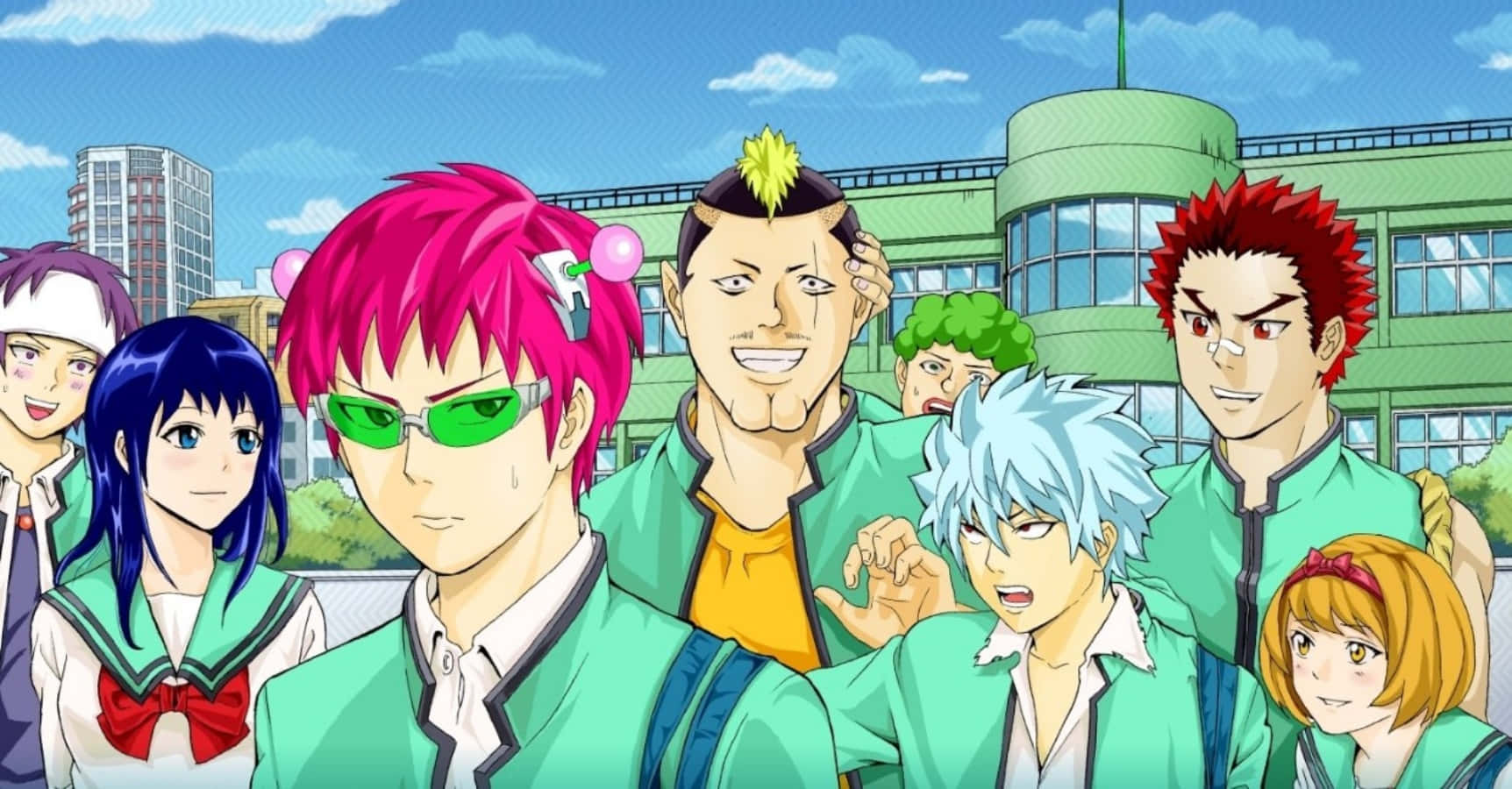 En gruppe anime figurer, der står foran et bygning Wallpaper