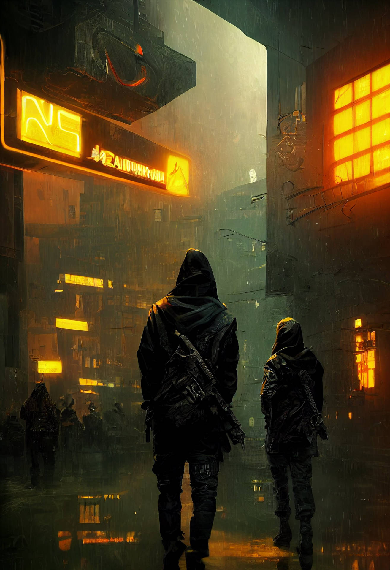 Two Men Walking Down A City Street At Night Wallpaper