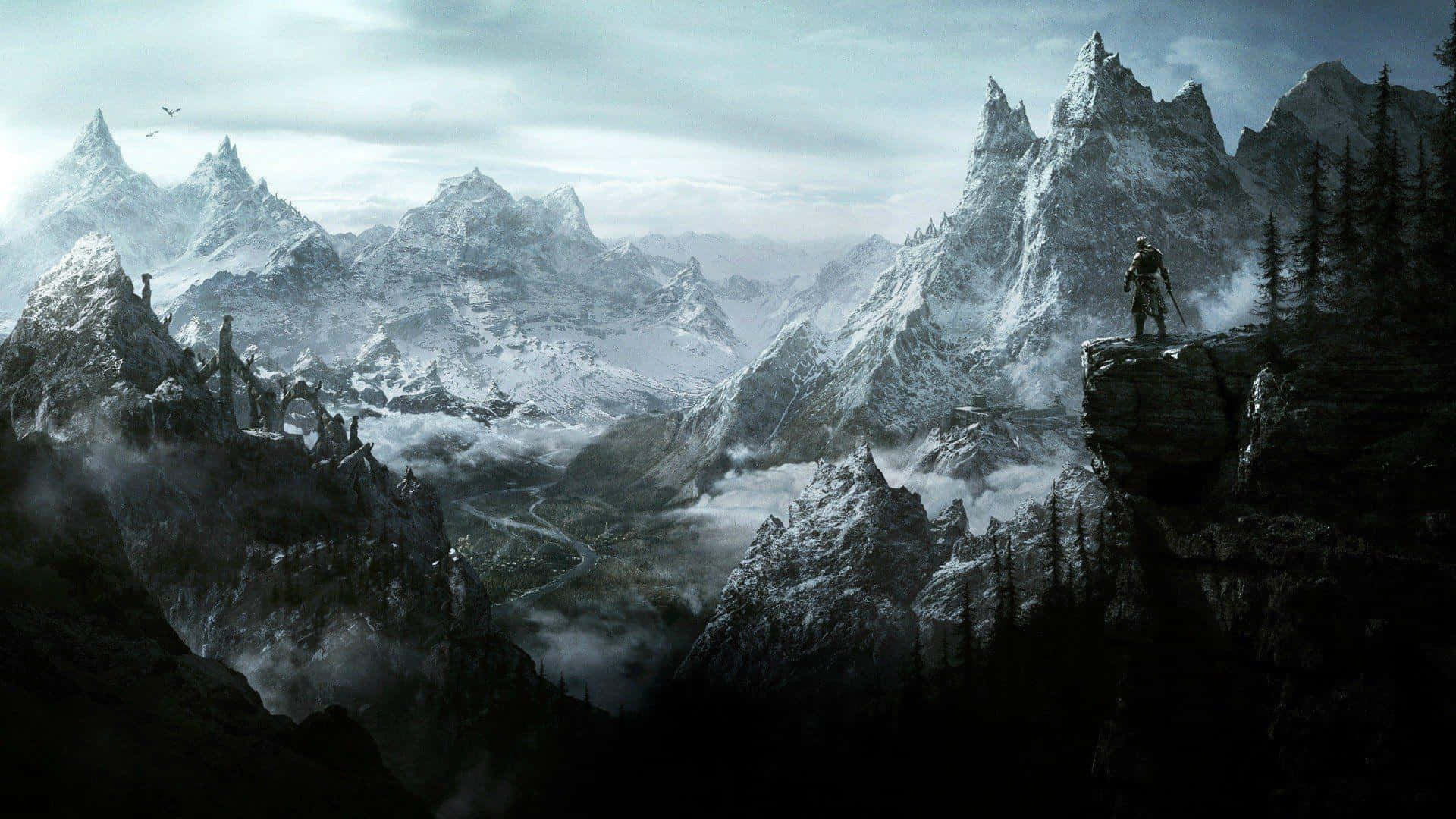 Breathtaking view of the mesmerizing landscape in The Elder Scrolls V: Skyrim.