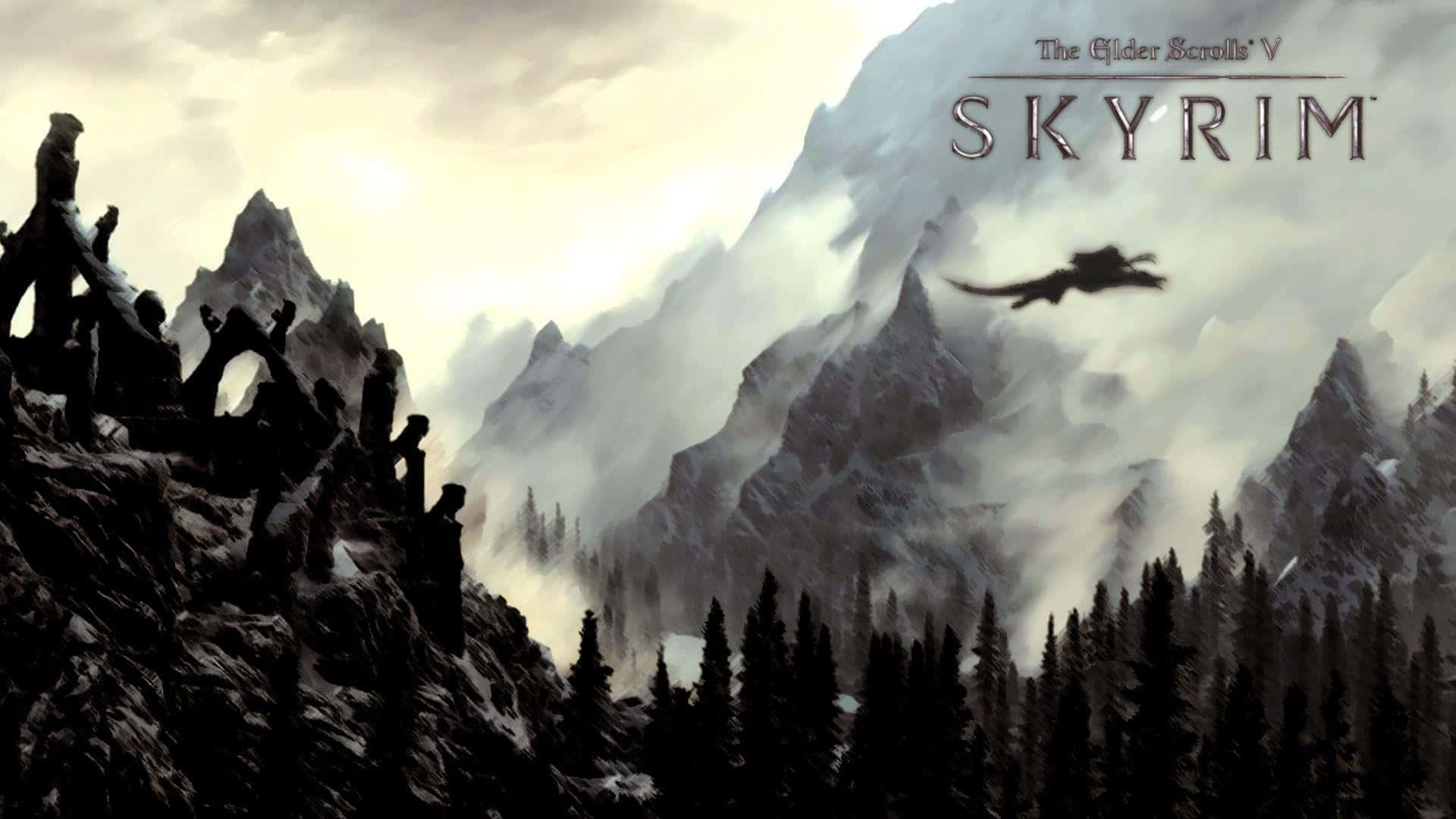 The Dragonborn facing a powerful dragon amidst the vast mountains of Skyrim.