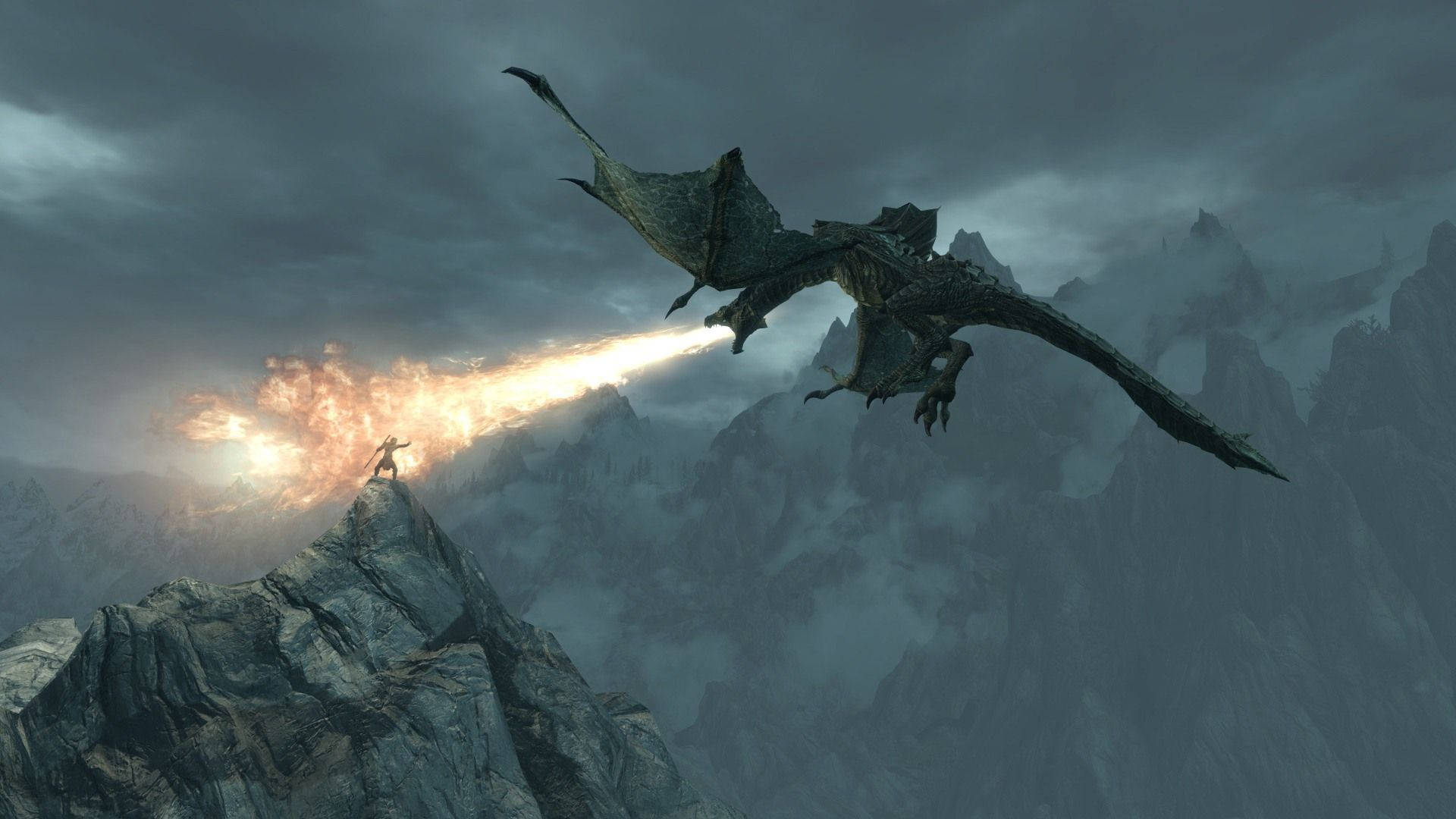 A Dragon Flying Over A Mountain With Flames Wallpaper