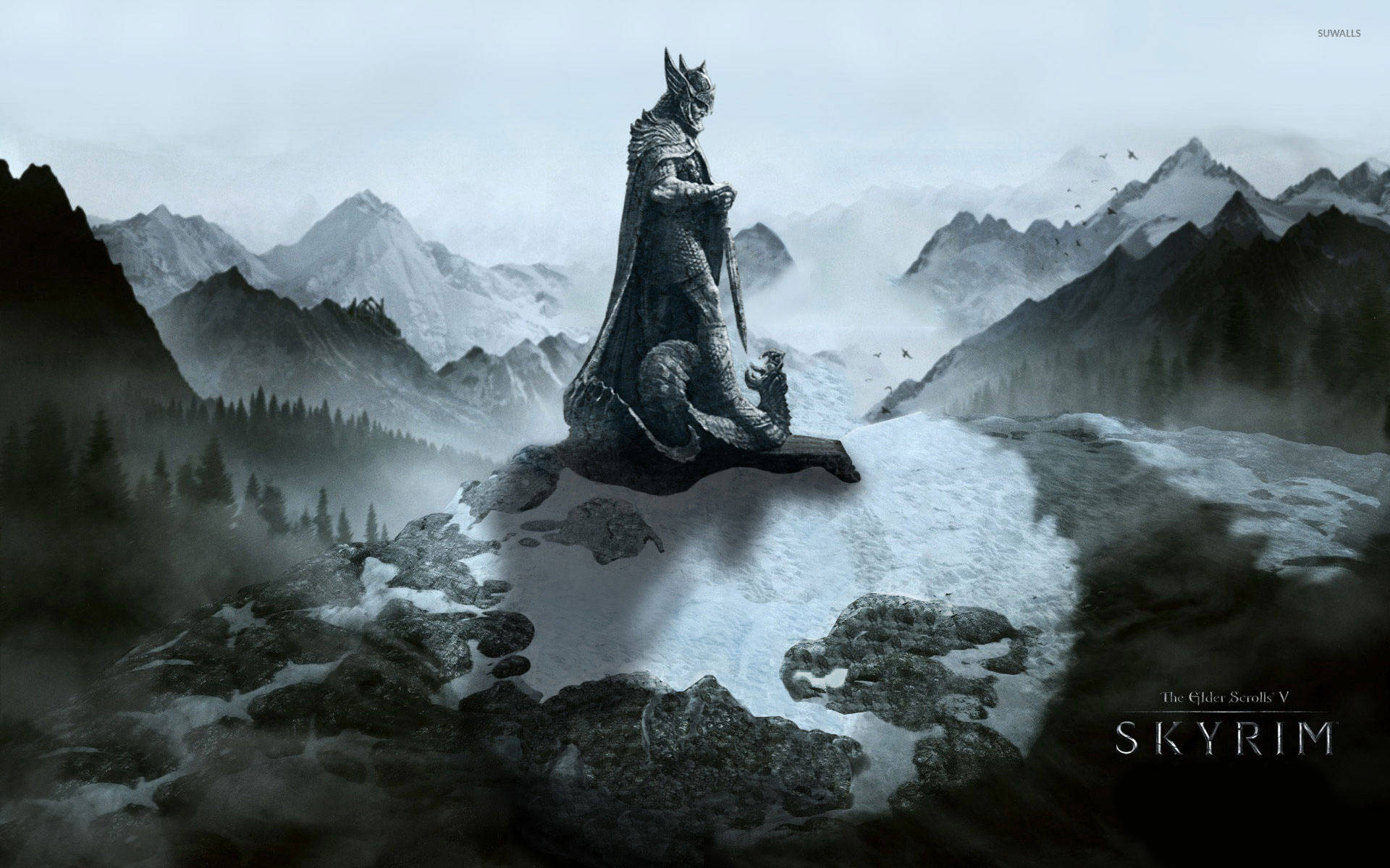 Rejser gennem de nordligste dele af Tamriel i The Elder Scrolls V: Skyrim-tapet. Wallpaper