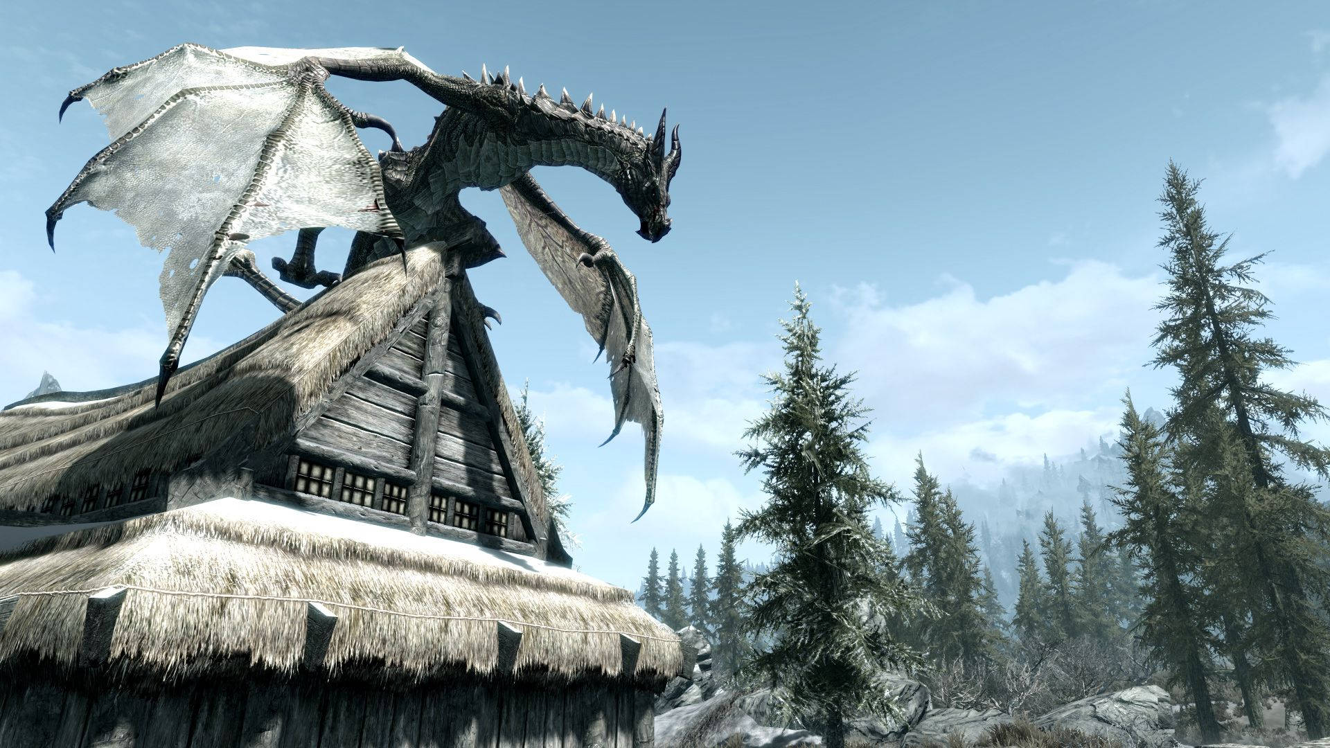 A Dragon Is Standing On Top Of A House In The Snow Wallpaper