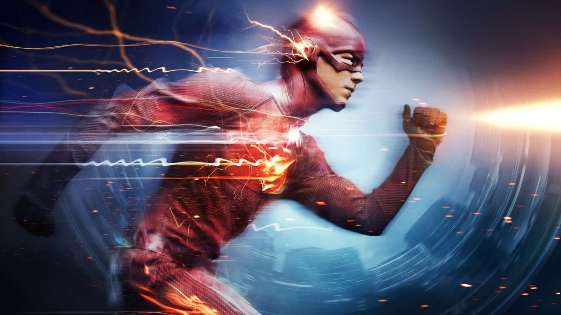 The Flash running at high-speed through Central City