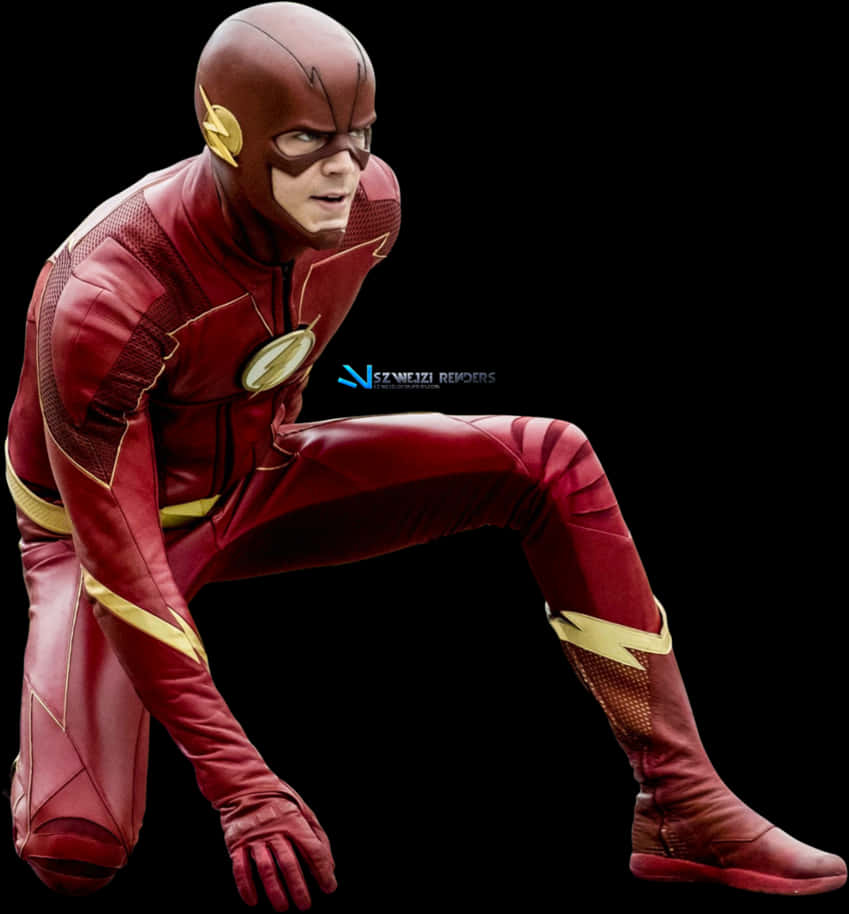 The_ Flash_ Crouching_in_ Red_ Suit PNG