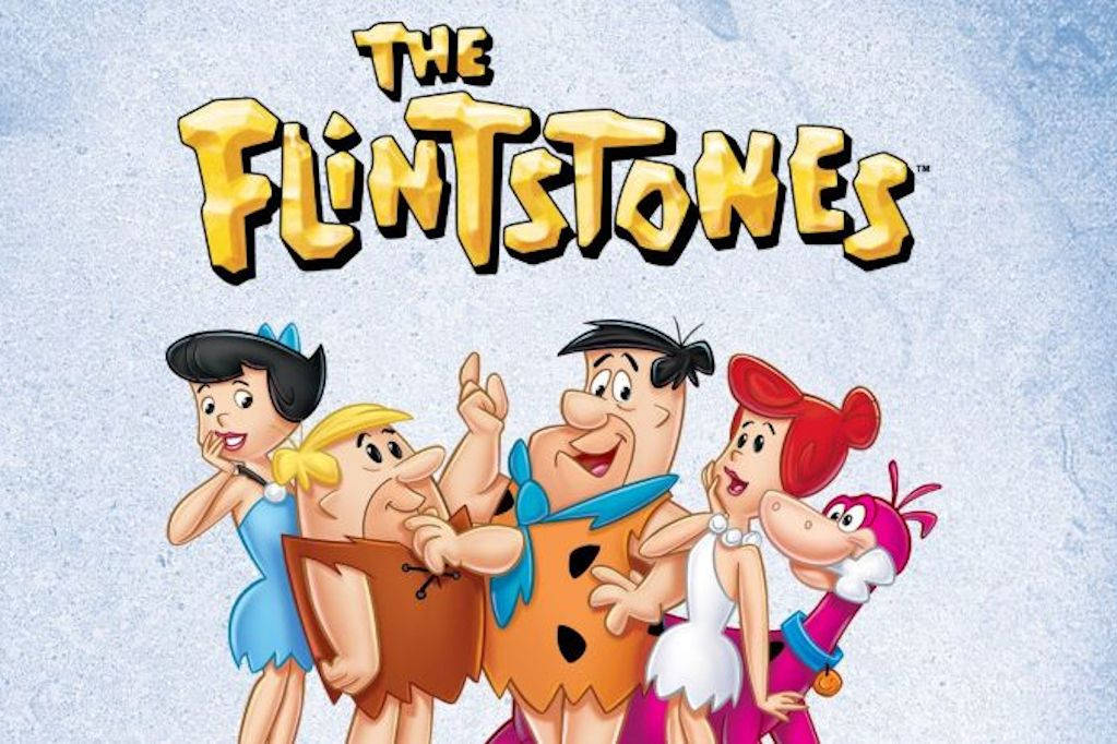 The Flintstones Revamped: Billede med Fred Flintstone, Wilma, Barney og Betty på en kitschy og moderne måde. Wallpaper