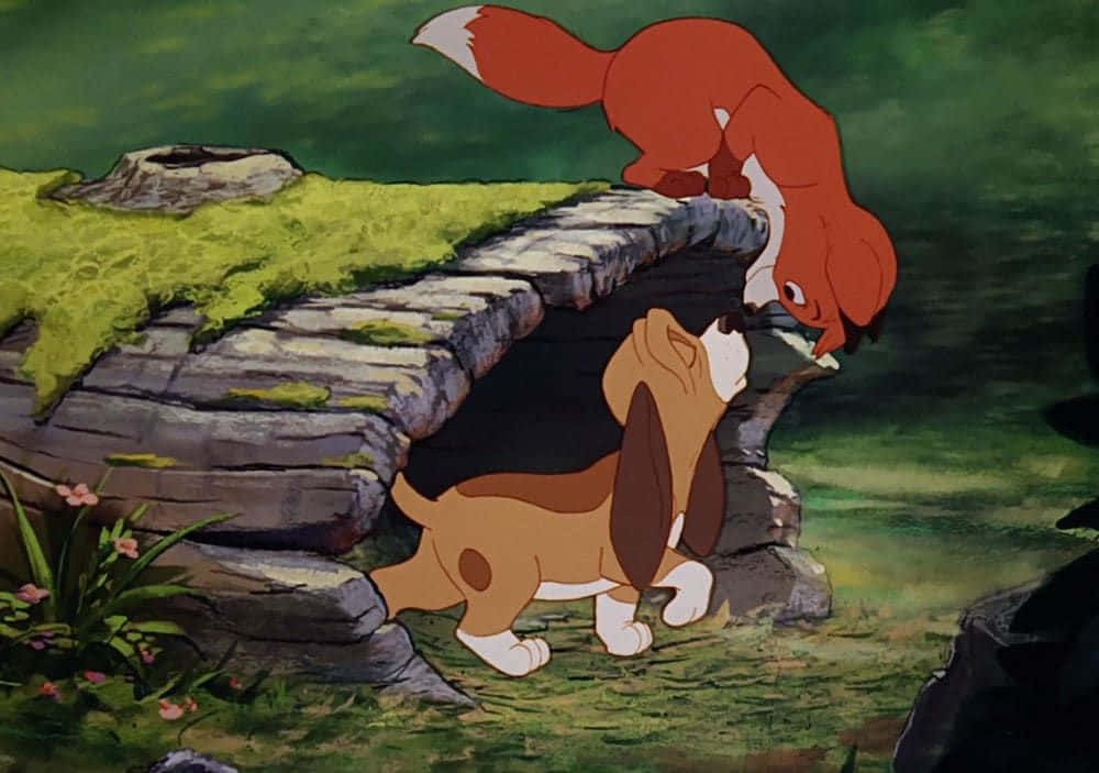 A heartwarming moment between Tod and Copper in Disney's The Fox and the Hound Wallpaper