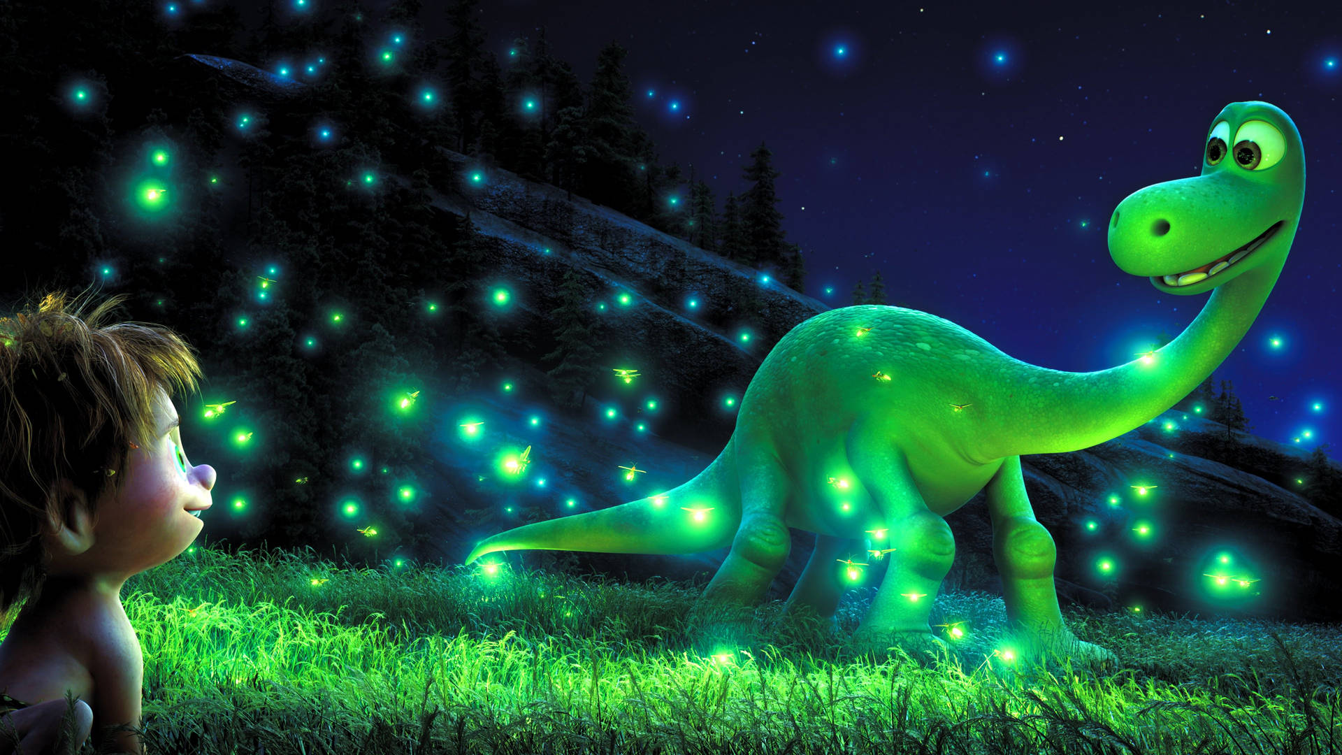 Diegute Dinosaurierszene Mit Glühwürmchen. Wallpaper