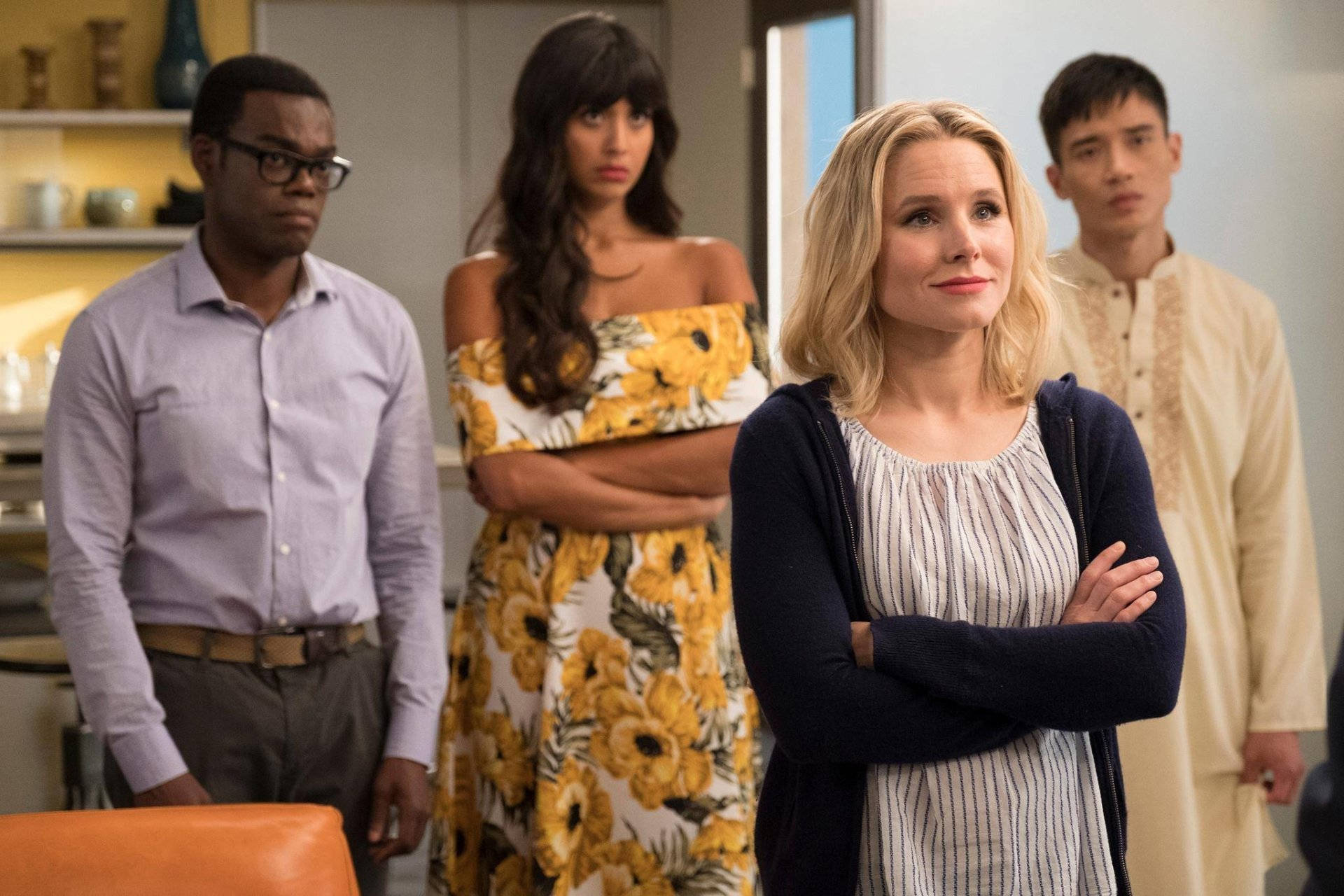 The Good Place Characters Confronting Someone Wallpaper