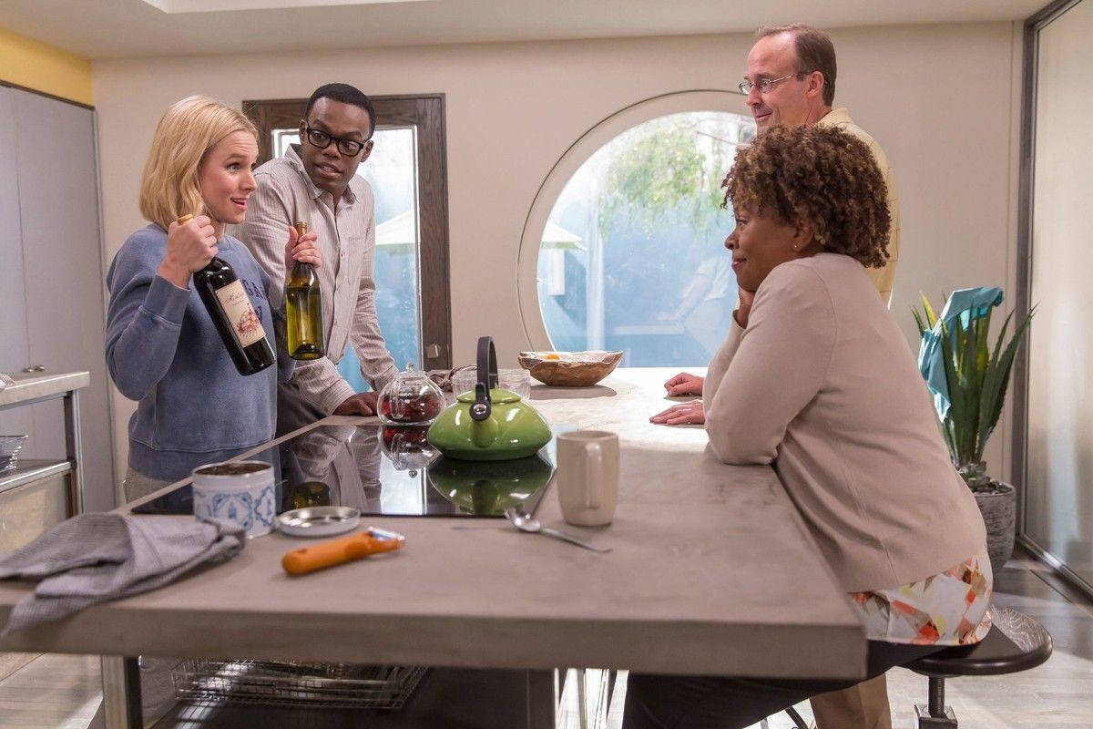 The Good Place Characters On A Dining Table Wallpaper