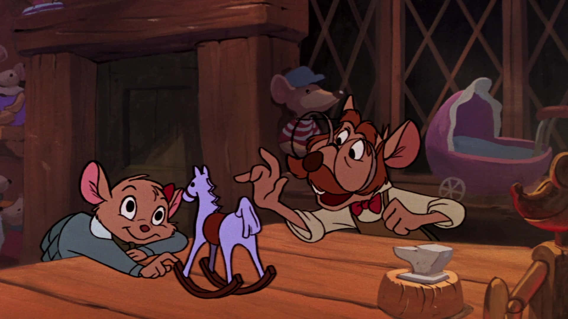 The Great Mouse Detective and his friends solving mysteries in Victorian-era London Wallpaper