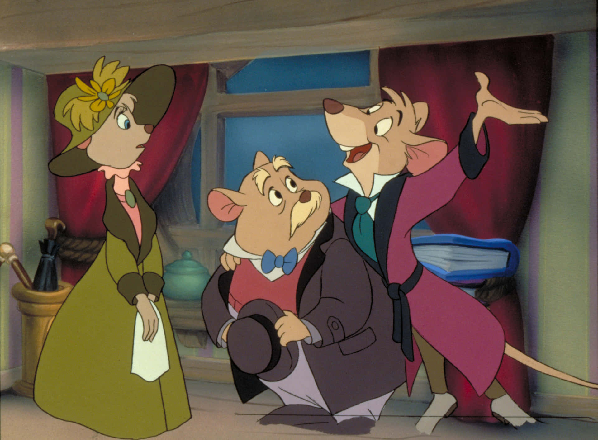 Basil, the Great Mouse Detective, with Dr. Dawson and Olivia in an adventurous scene. Wallpaper