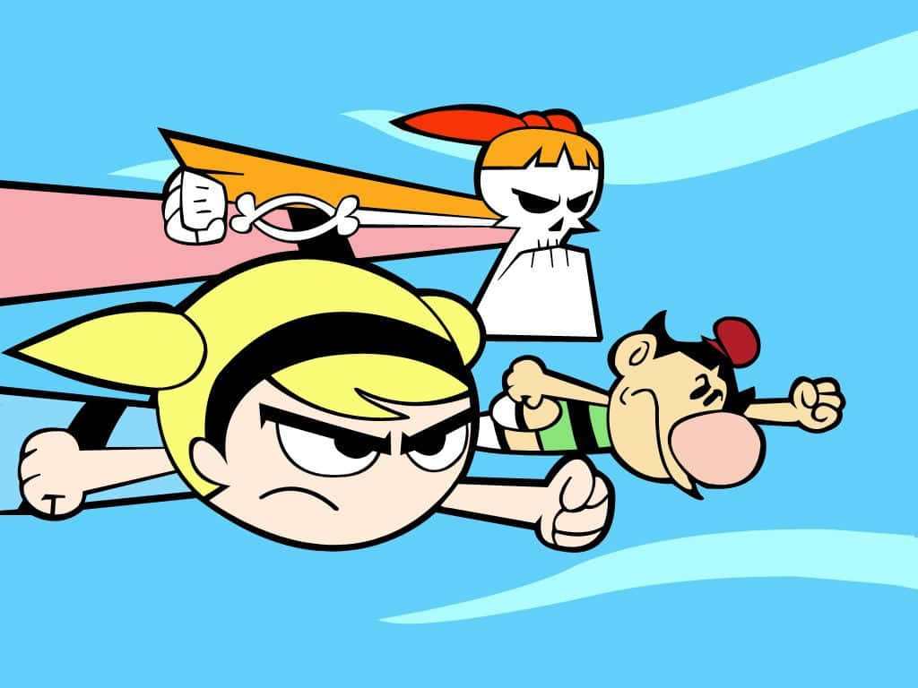 Billy, Mandy, and Grim posing together in a colorful and artistic illustration. Wallpaper